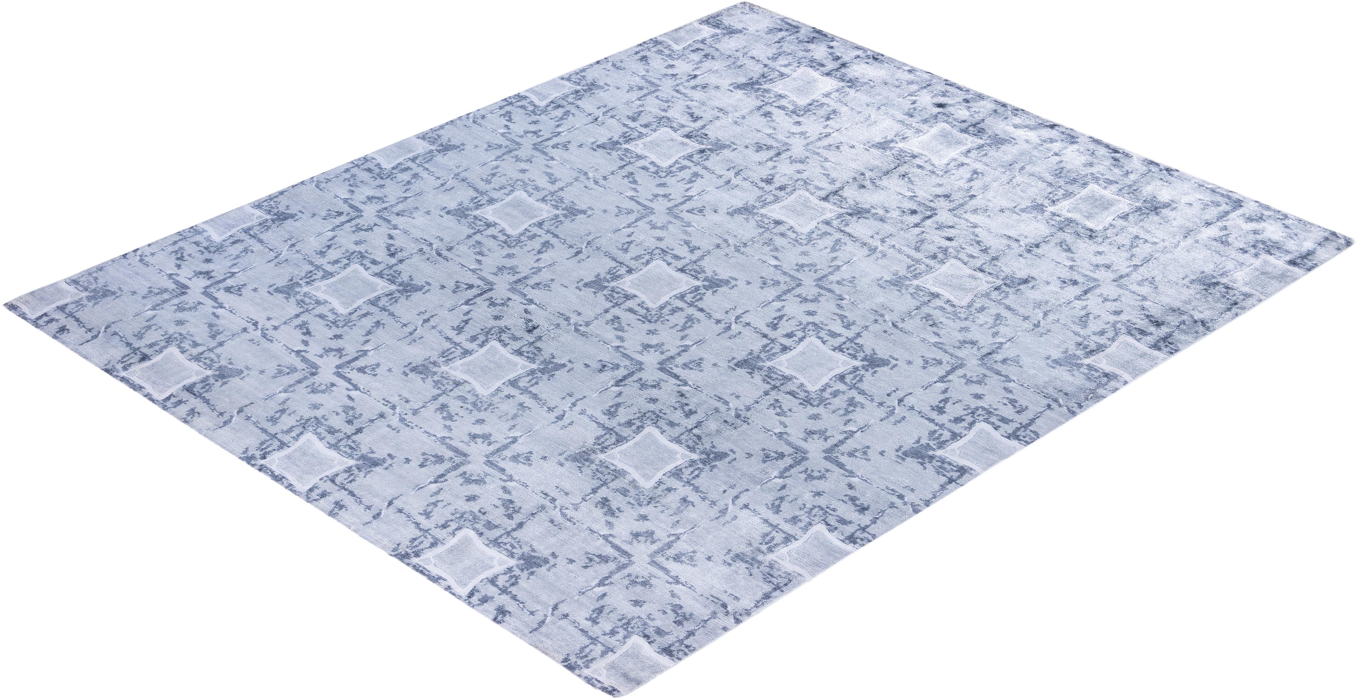 Tappeto Geometrico Contemporaneo in Seta Annodato a Mano Avorio 8' 1