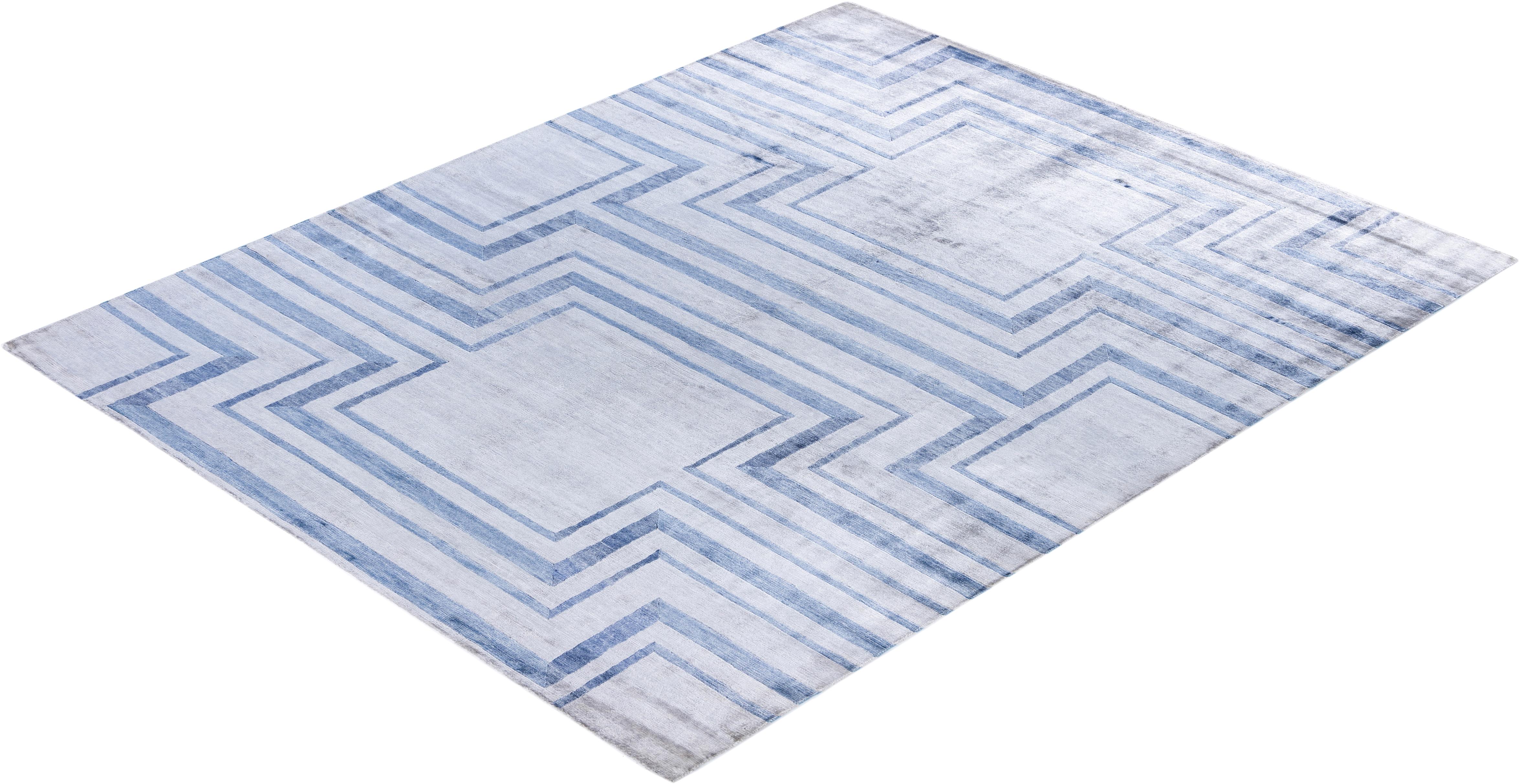 Tappeto Geometrico Contemporaneo in Seta Annodato a Mano Avorio 8' 3