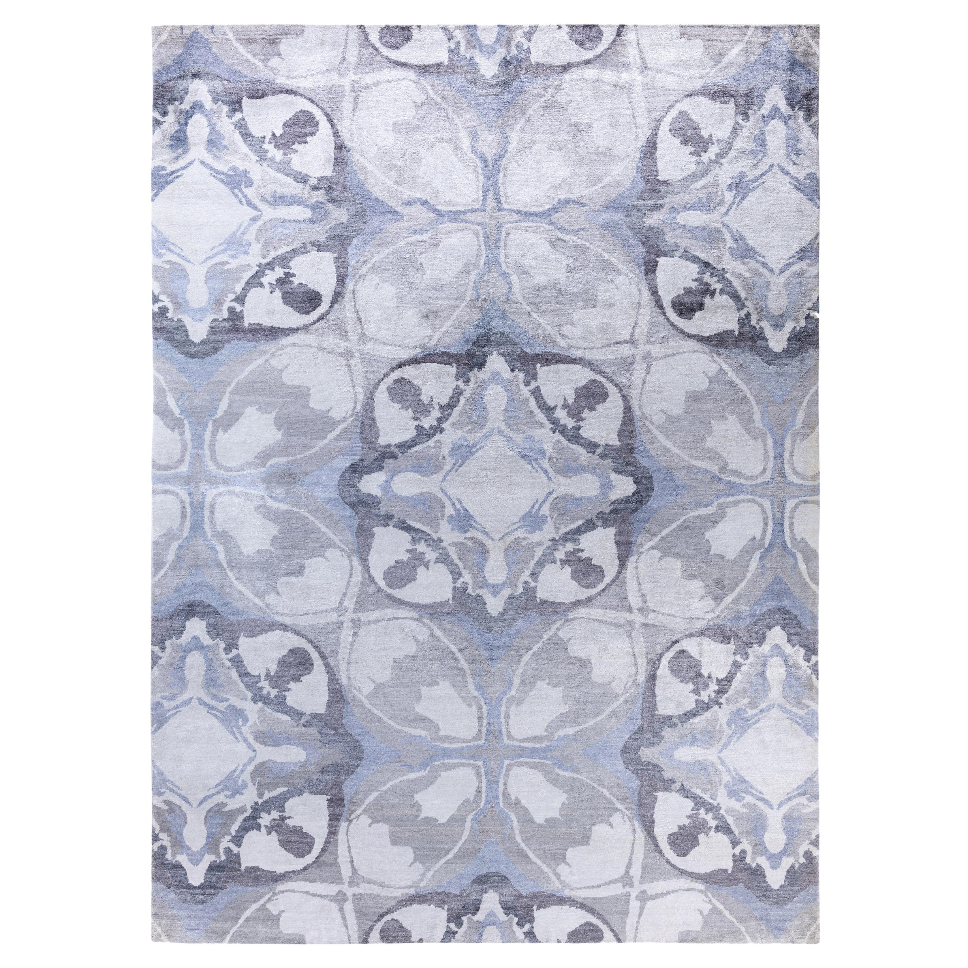 Contemporary Geometric Silk Hand Knotted Ivory Area Rug 9' 0" x 12' 1"