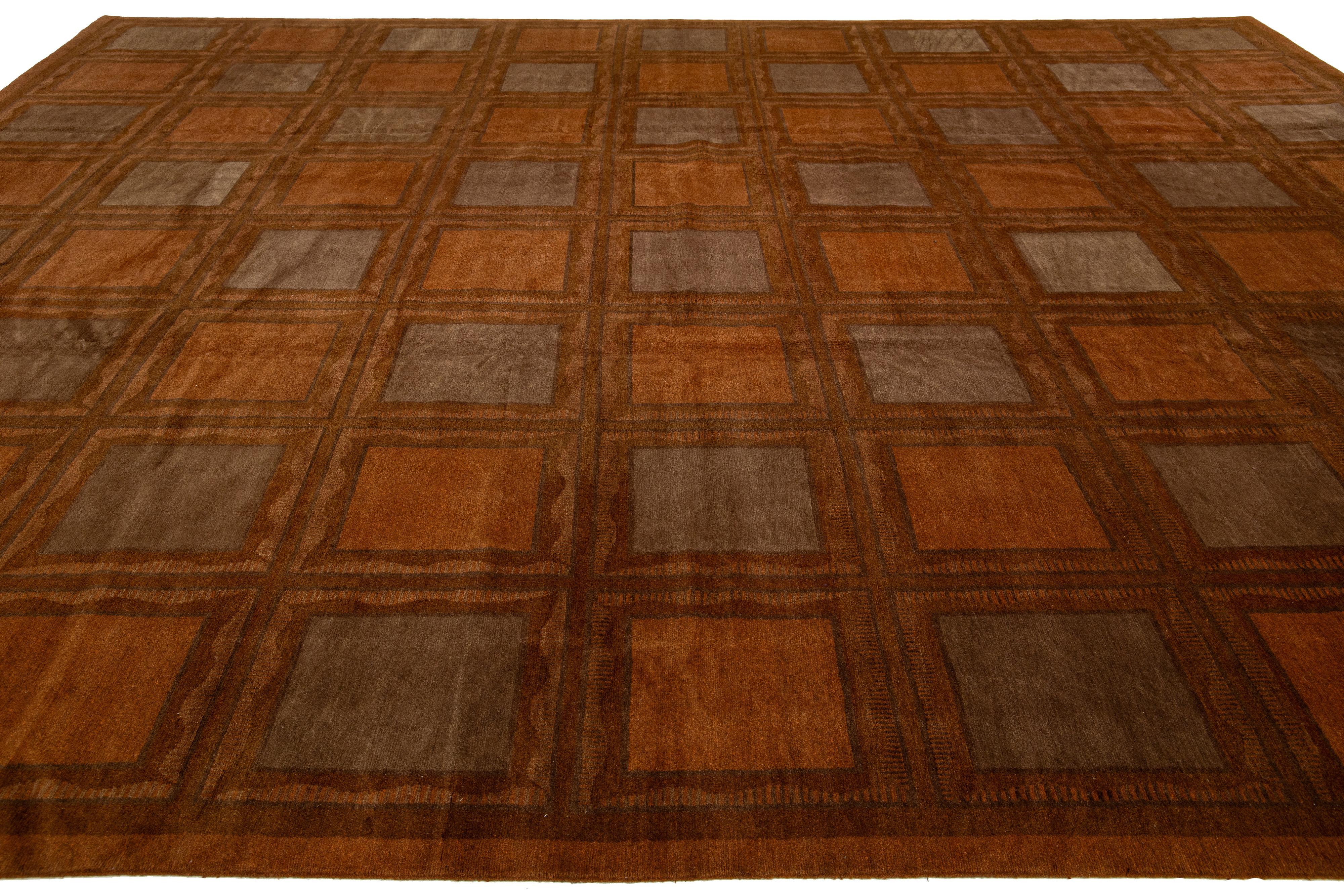 Hand-Knotted Contemporary Geometric Tibetan Wool & Silk Rug Designed with Orange Rust Color For Sale