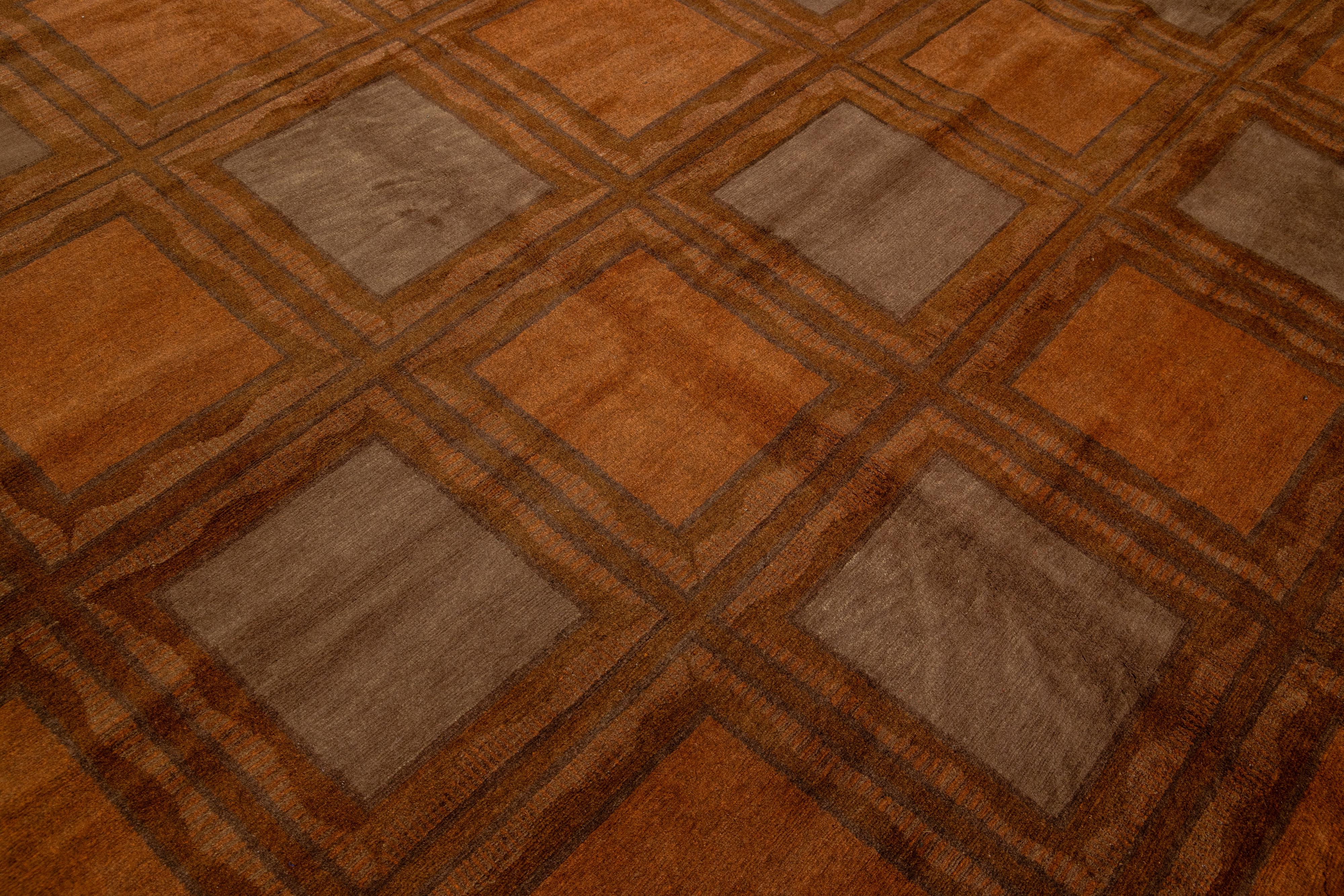 Contemporary Geometric Tibetan Wool & Silk Rug Designed with Orange Rust Color For Sale 2