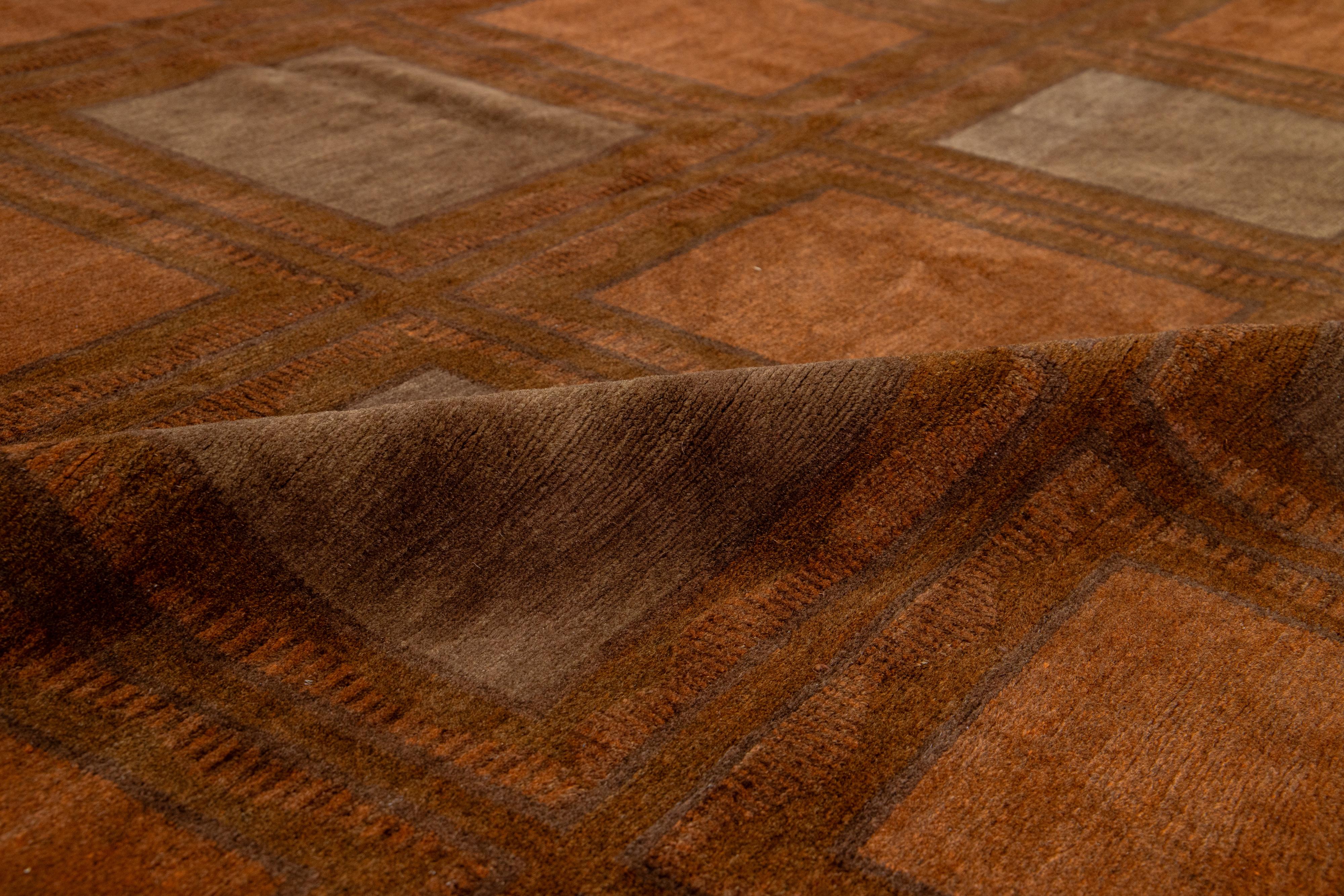 Contemporary Geometric Tibetan Wool & Silk Rug Designed with Orange Rust Color For Sale 3