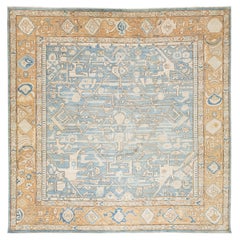 Contemporary Geometric Turkish-Inspired Wool Rug in Soft Blue and Beige 12x12