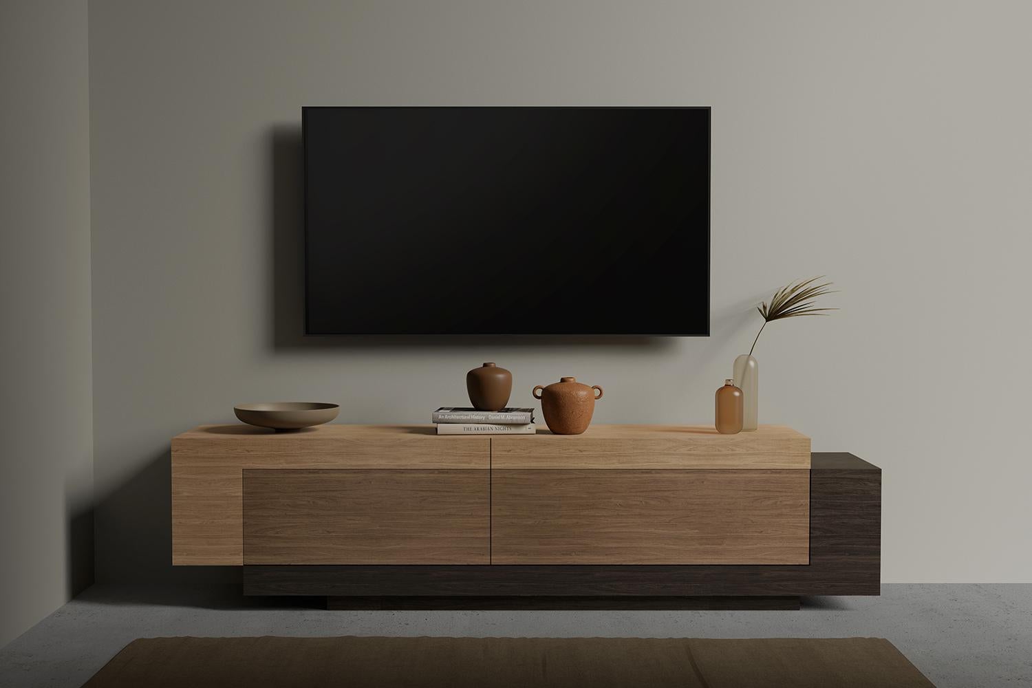 Moderne Booleanos Tv Cabinet, Media Unit, Credenza in Warm Wood Veneer by Joel Escalona en vente