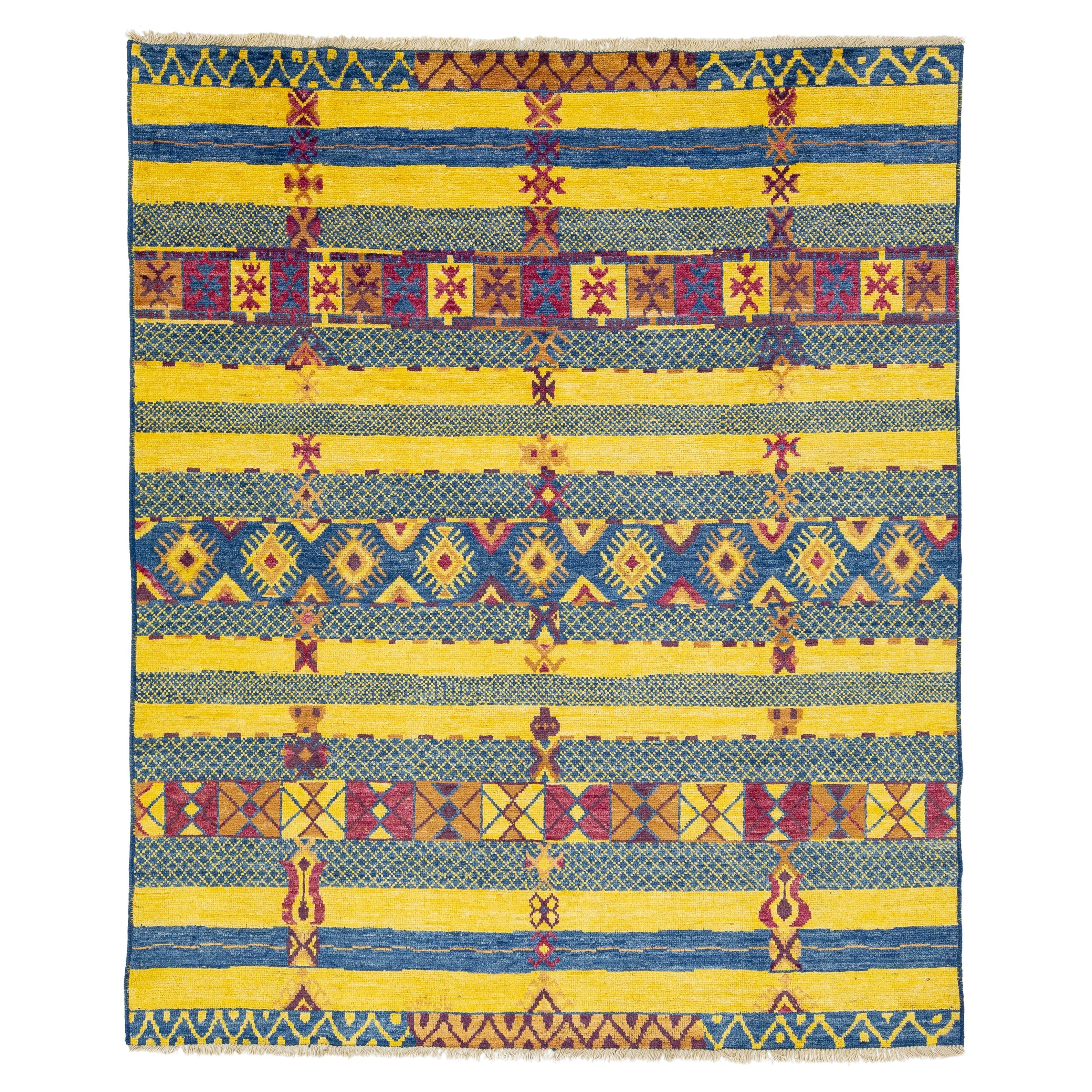 Contemporary Geometric Wool Area Rug  Bright Yellow Abstract Moroccan Design For Sale
