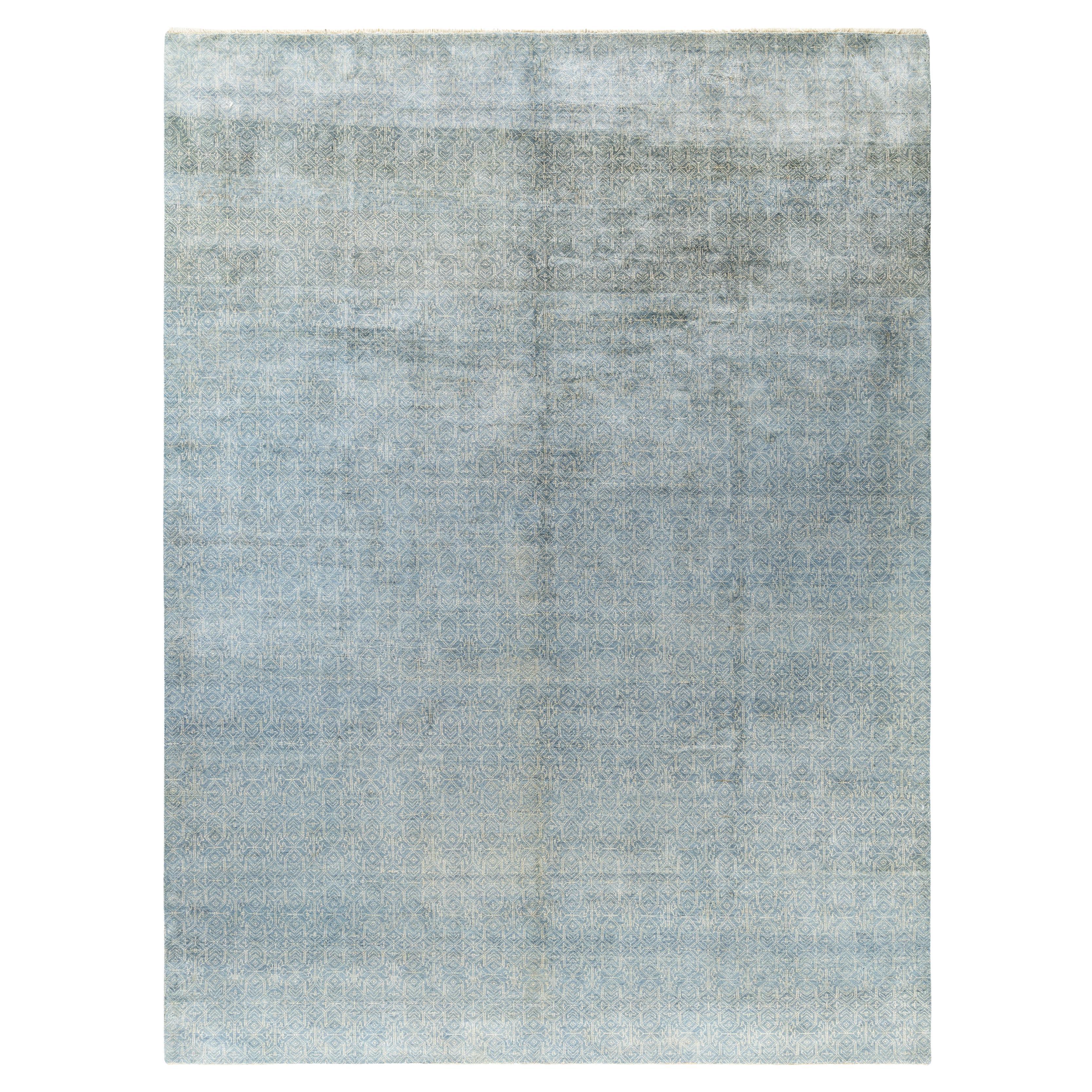 Contemporary Geometric Wool Hand Knotsted Gray Area Rug 9' 0" x 12' 0" (tapis gris géométrique en laine nouée à la main)