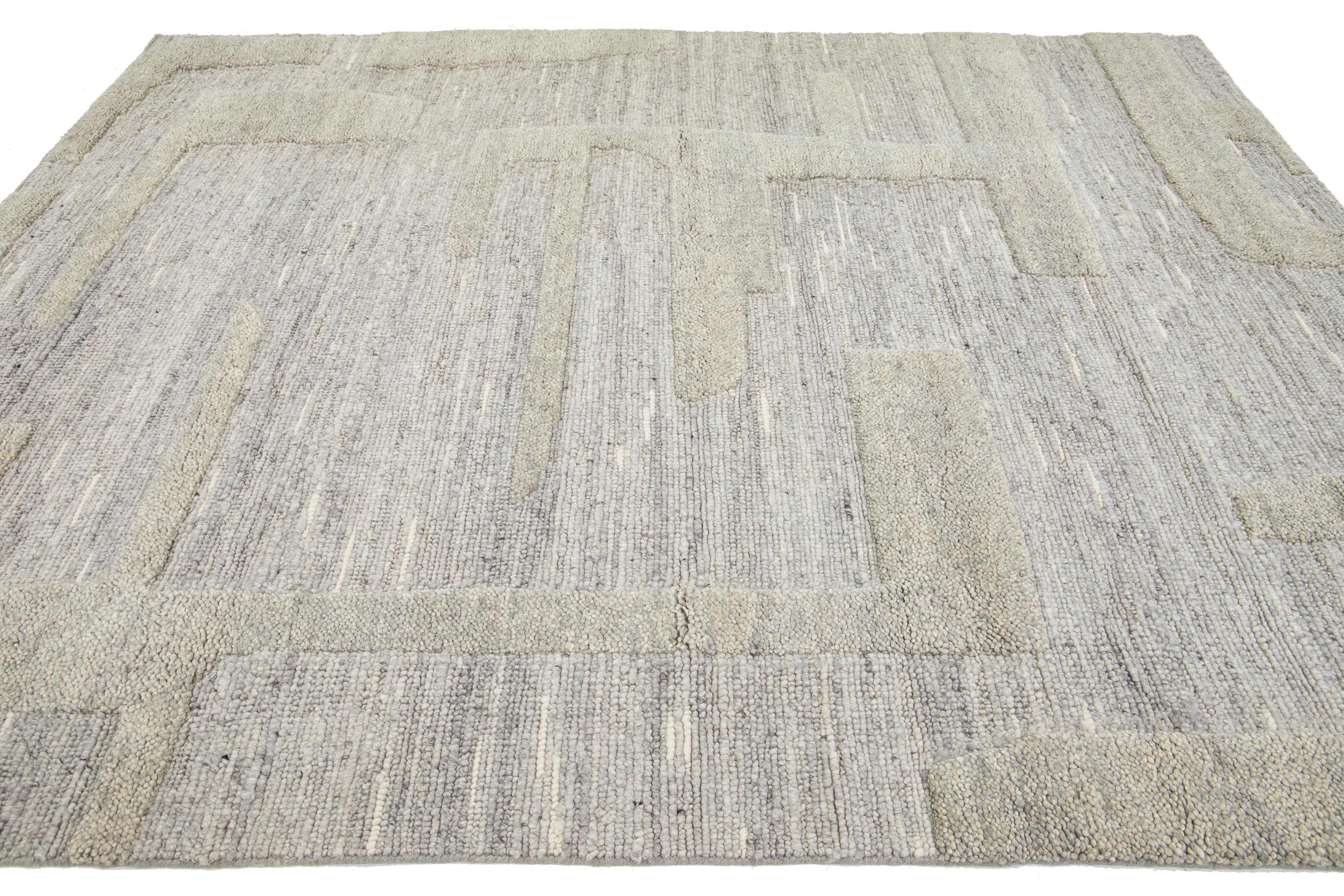 Hand-Knotted Contemporary Geometric Wool Rug Moroccan-Style In Natural Gray By Apadana For Sale