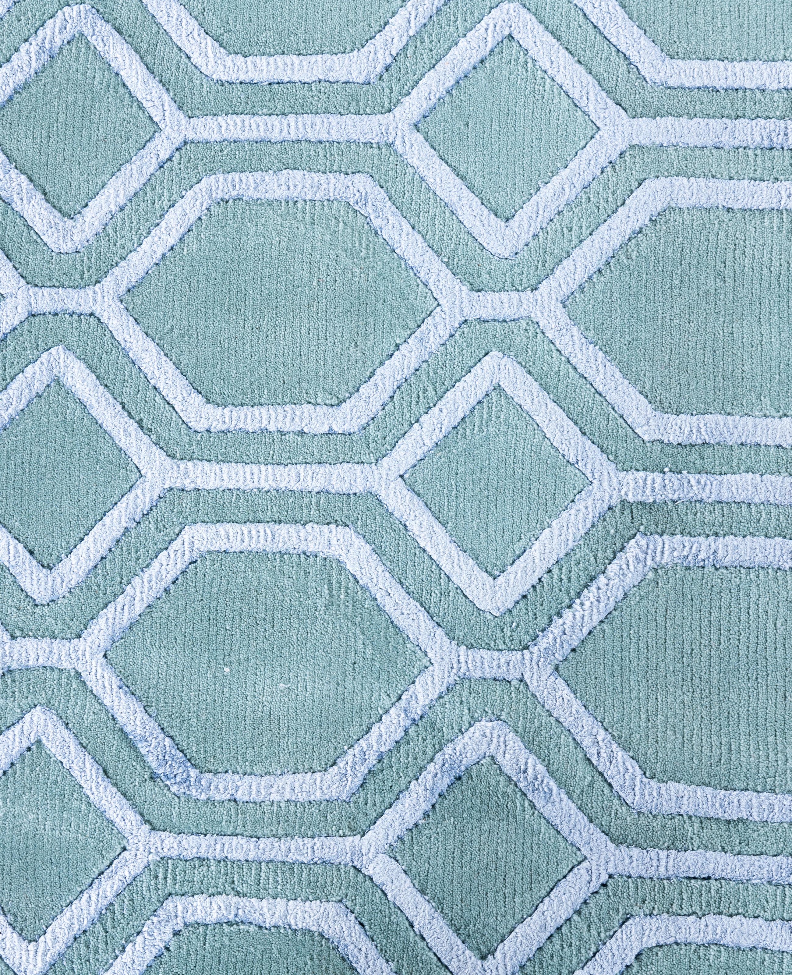 Indian Contemporary Geometric Wool, Silk Hand Knotted Green Area Rug 8' 2