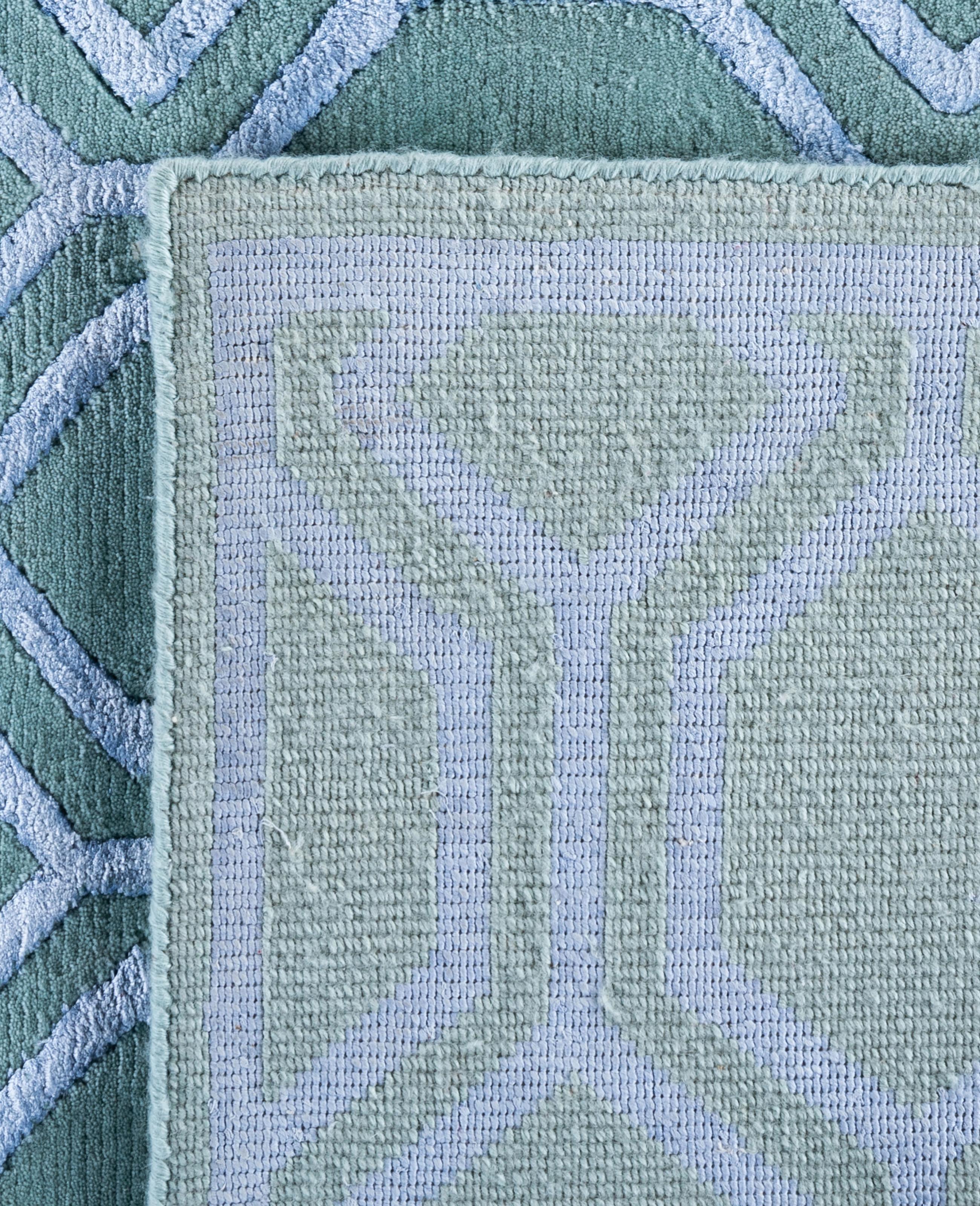 Contemporary Geometric Wool, Silk Hand Knotted Green Area Rug 8' 2