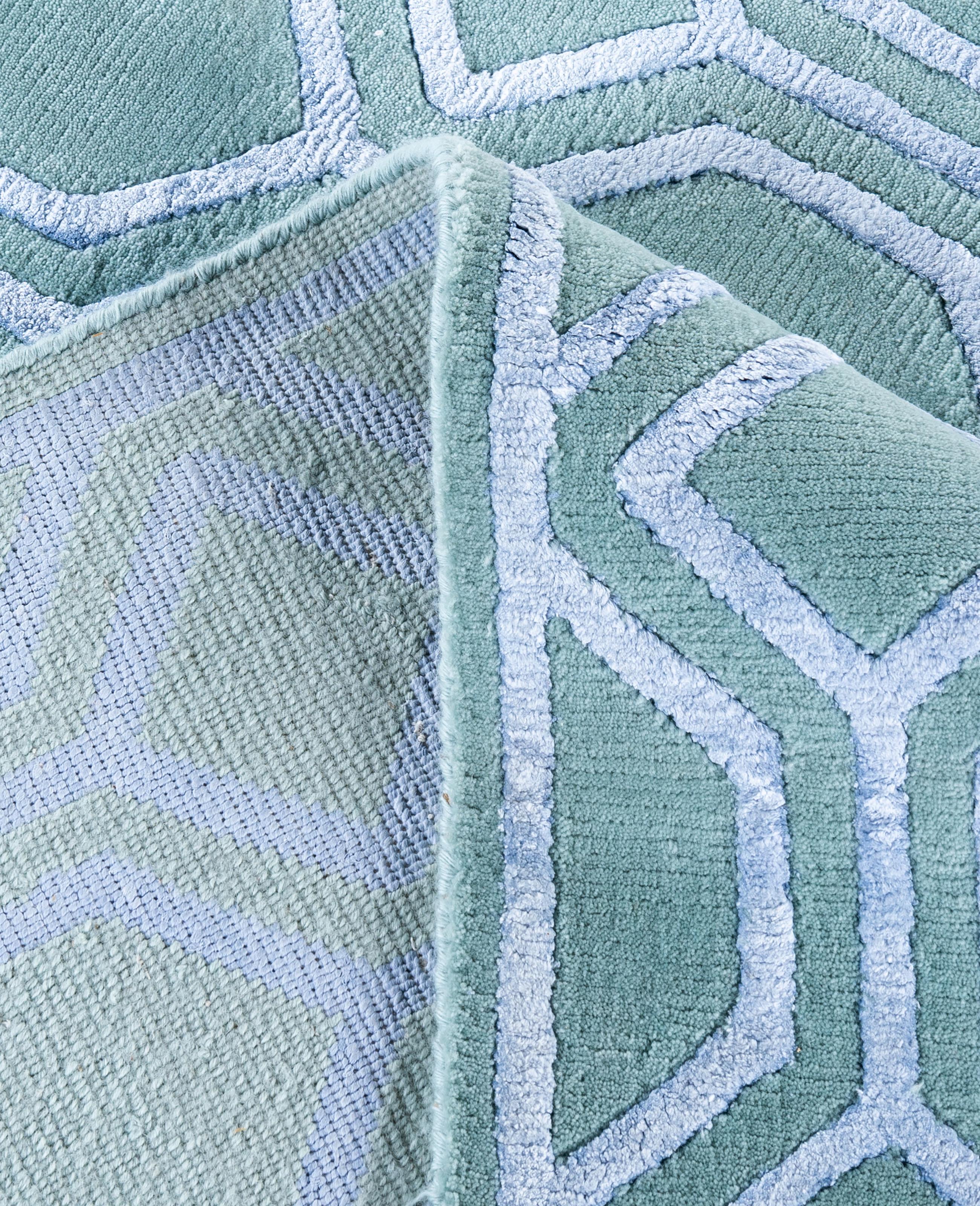 Contemporary Geometric Wool, Silk Hand Knotted Green Area Rug 8' 2