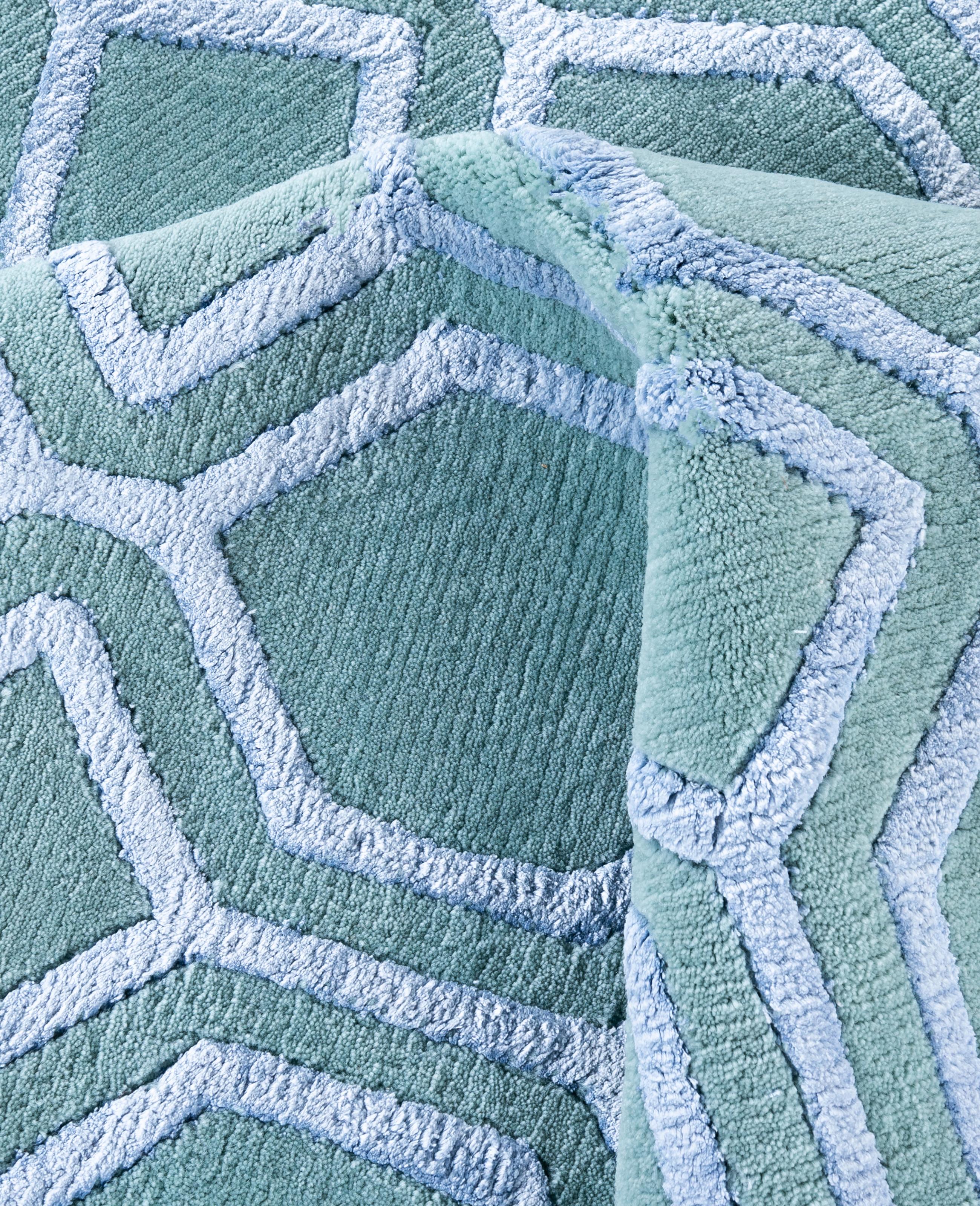 Contemporary Geometric Wool, Silk Hand Knotted Green Area Rug 8' 2