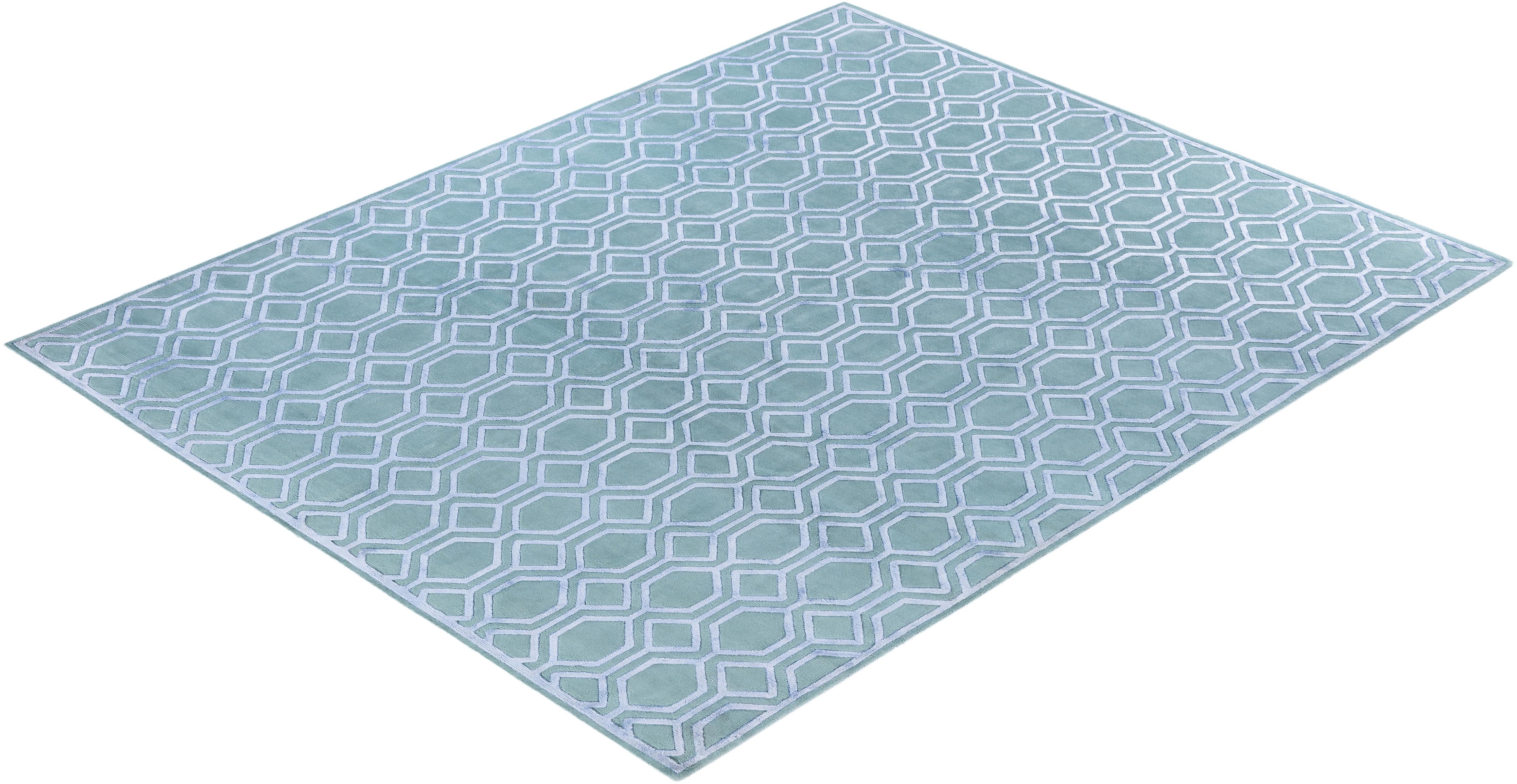 Contemporary Geometric Wool, Silk Hand Knotted Green Area Rug 8' 2