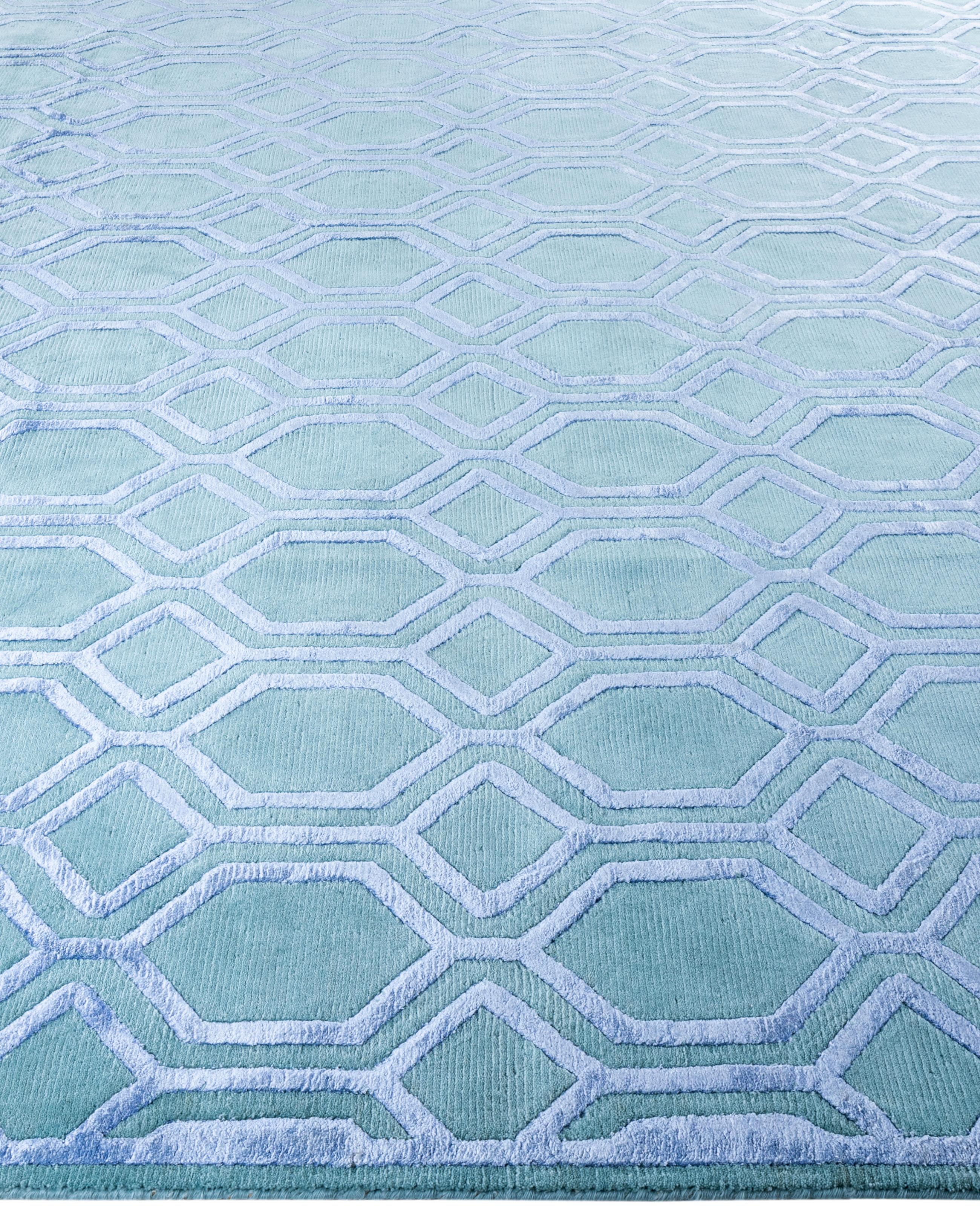 Annodato a mano Contemporary Geometric Wool, Silk Hand Knotted Green Area Rug 9' 1