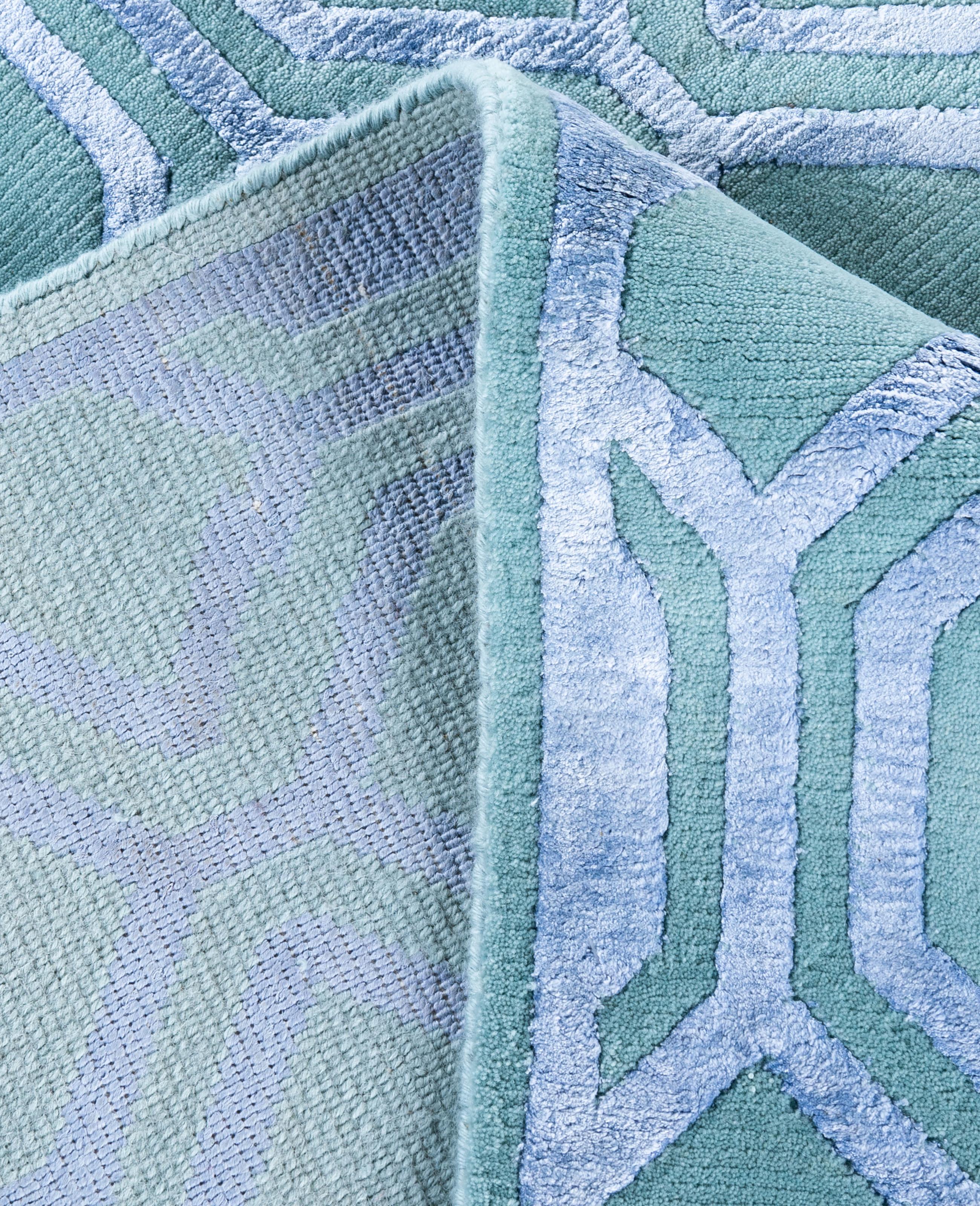 XXI secolo e contemporaneo Contemporary Geometric Wool, Silk Hand Knotted Green Area Rug 9' 1