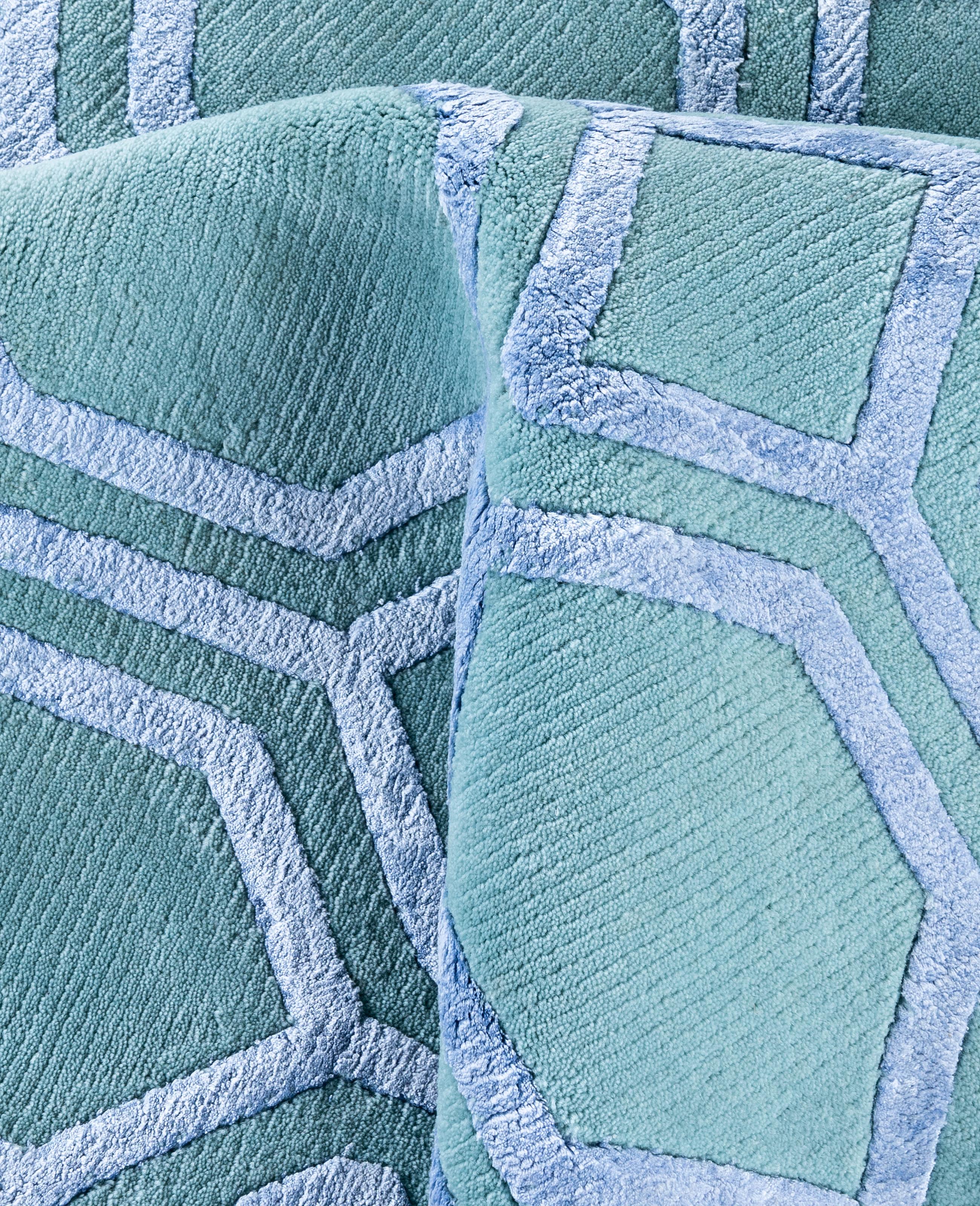 Lana Contemporary Geometric Wool, Silk Hand Knotted Green Area Rug 9' 1