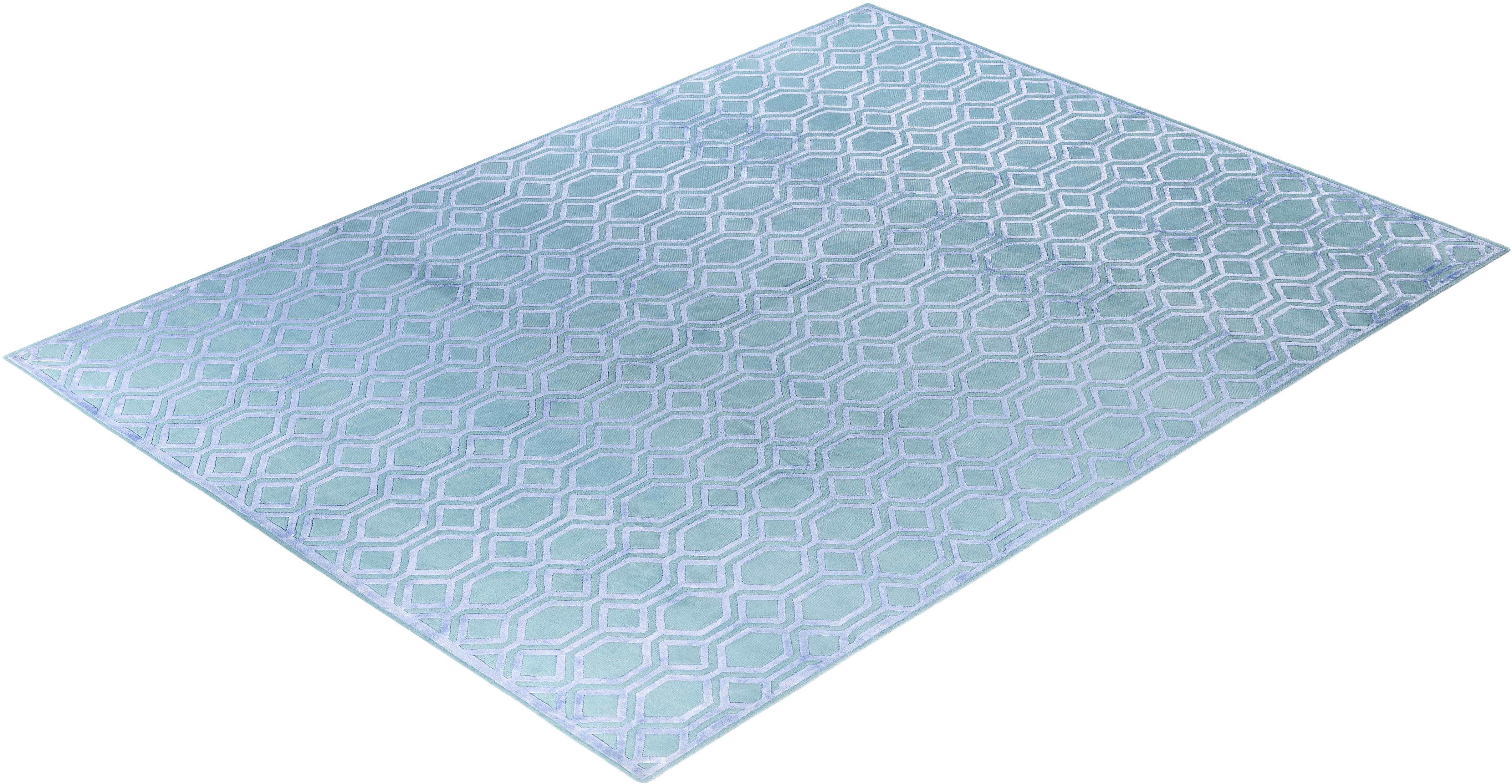 Contemporary Geometric Wool, Silk Hand Knotted Green Area Rug 9' 1