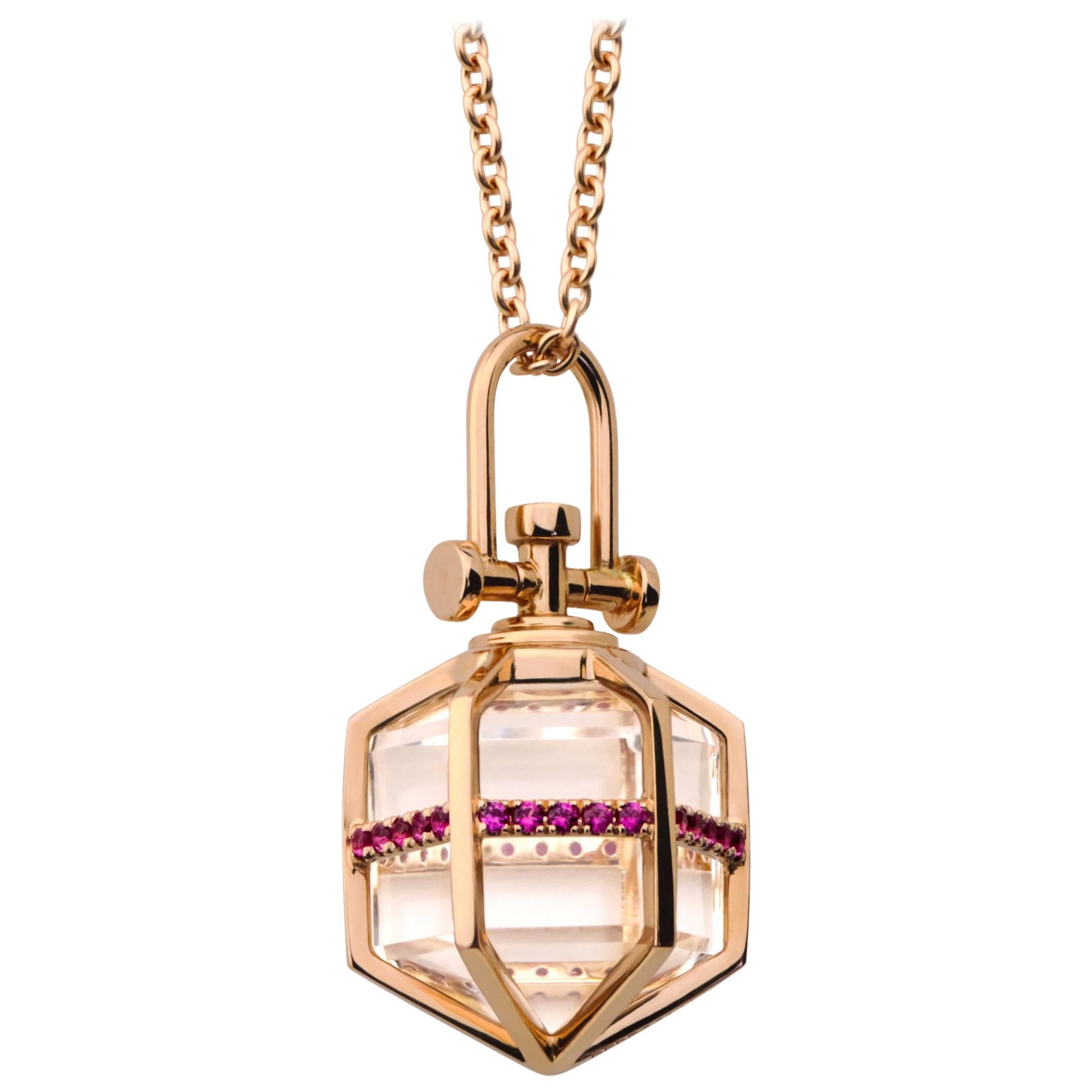 Contemporary Geometrical 18 Karat Gold Ruby and Crystal Talisman Necklace