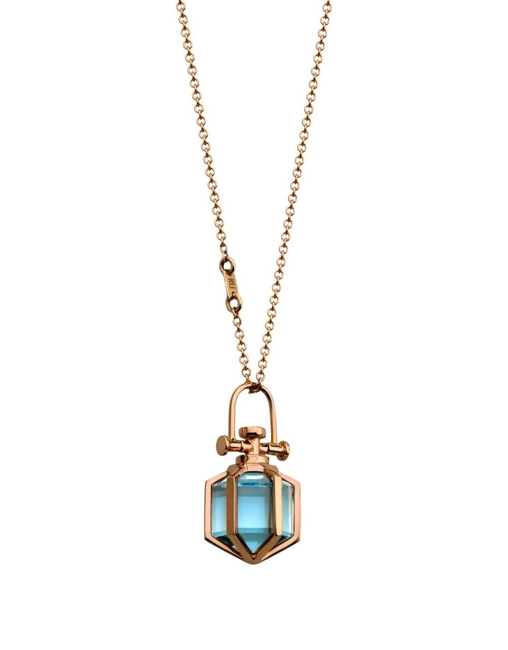 Rebecca Li designs mindfulness.
This elegant dainty necklace is from her signature Six Senses Talisman Collection.

Talisman Pendant :
18k rose gold
Natural healing blue topaz crystal
Pendant size: 9 mm W * 9 mm D * 18 mm H
Blue topaz size:  8 mm W