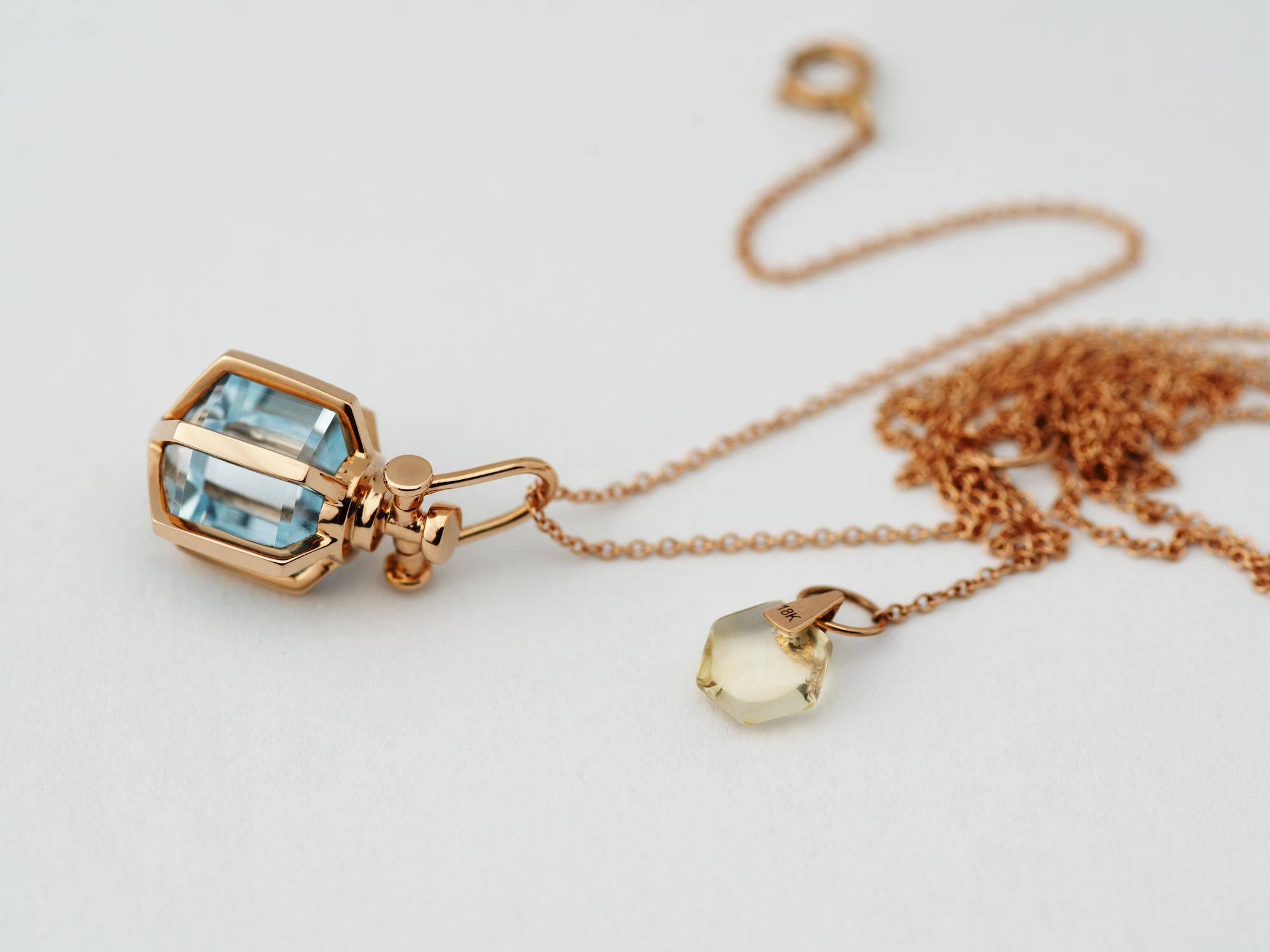 Hexagon Cut Contemporary Geometrical 18 Karat Rose Gold Blue Topaz Talisman Amulet Necklace For Sale