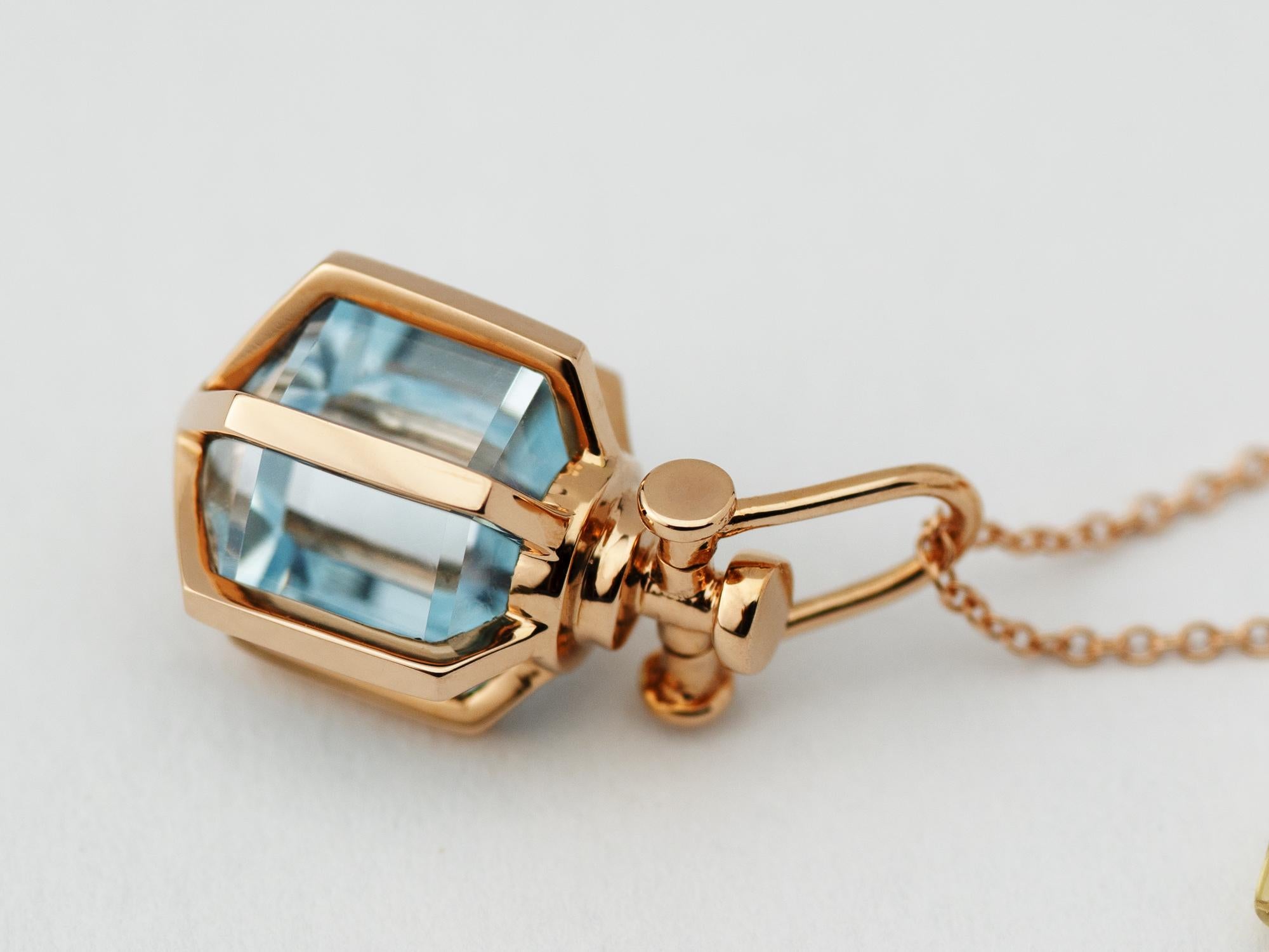 Women's Contemporary Geometrical 18 Karat Rose Gold Blue Topaz Talisman Amulet Necklace For Sale