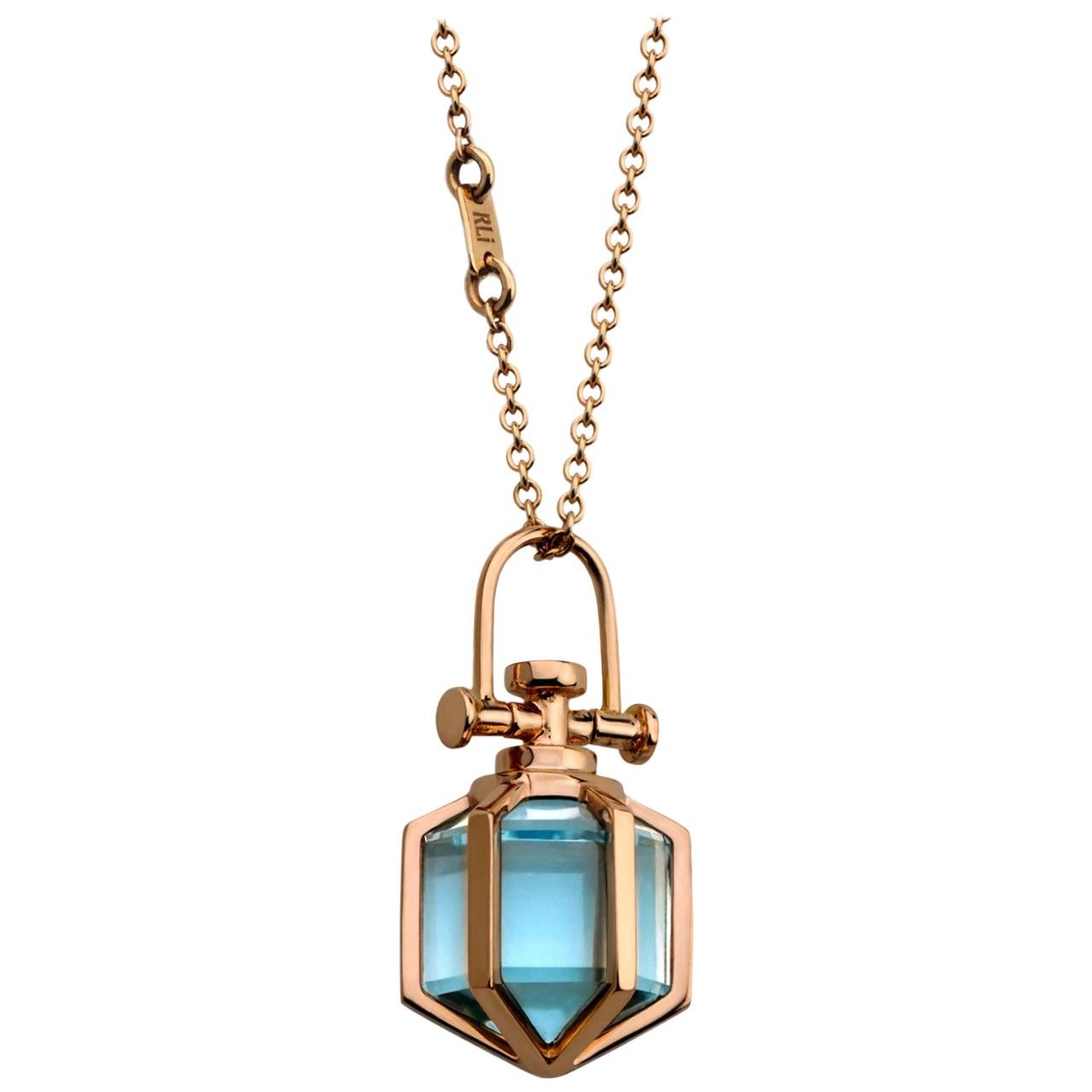 Contemporary Geometrical 18 Karat Rose Gold Blue Topaz Talisman Amulet Necklace