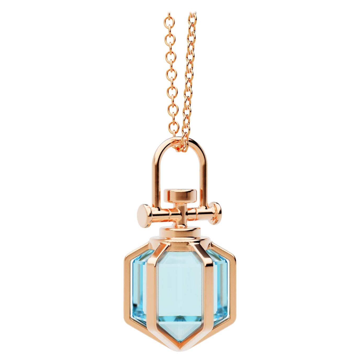 Contemporary Geometrical 18 Karat Rose Gold Blue Topaz Talisman Amulet Necklace For Sale