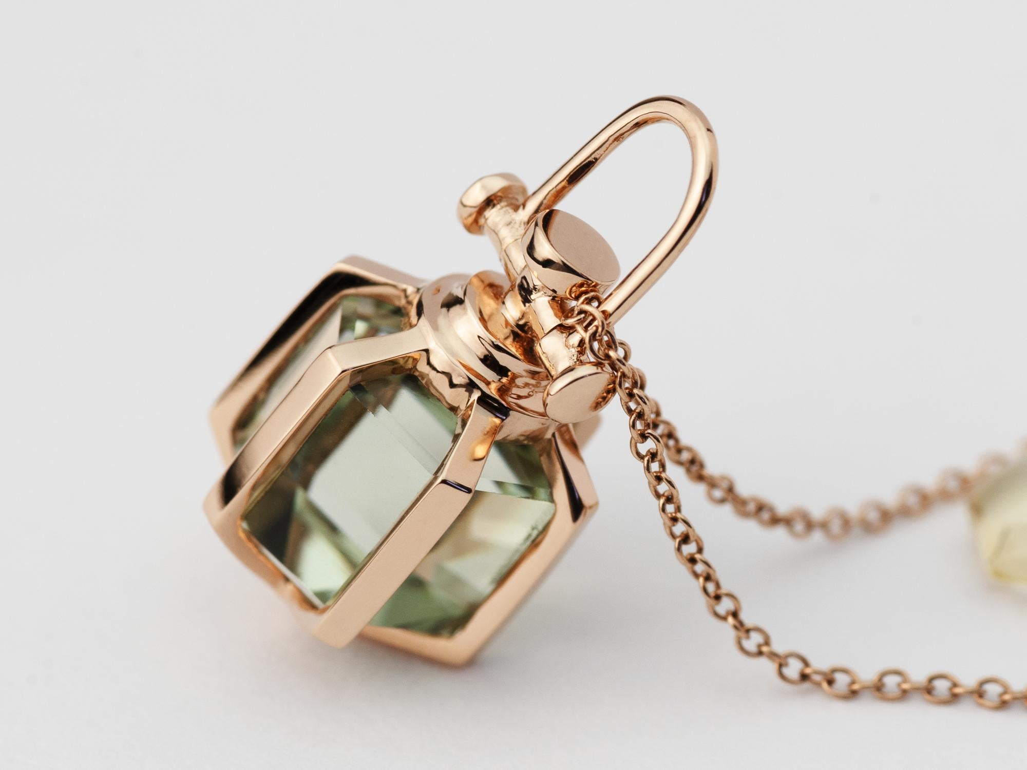 Rebecca Li designs mindfulness.
This elegant dainty necklace is from her signature Six Senses Talisman Collection.
Design inspiration: sacred geometry and ancient wisdom.

Talisman Pendant :
18k rose gold
Natural healing green amethyst
Pendant size: