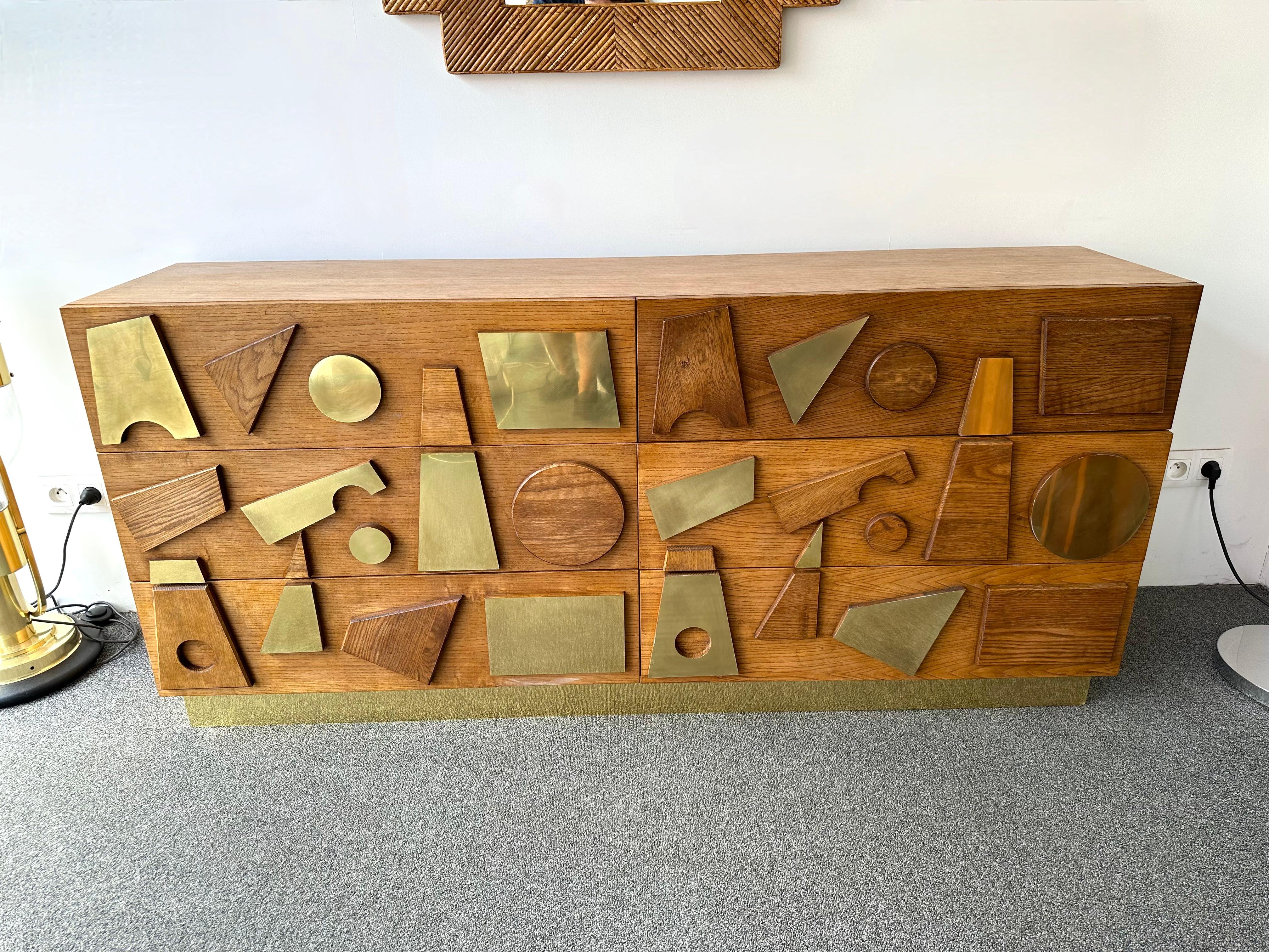 Italian Contemporary Geometrical Wood and Brass Sideboard, Italy
