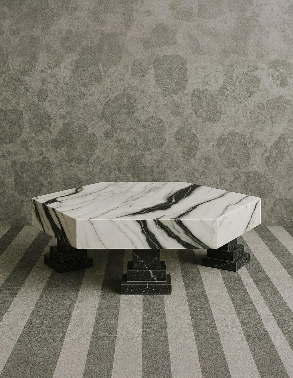 Portoghese Tavolo da centro contemporaneo Geomtric in marmo bianco Panda e marmo Nero Marquina in vendita