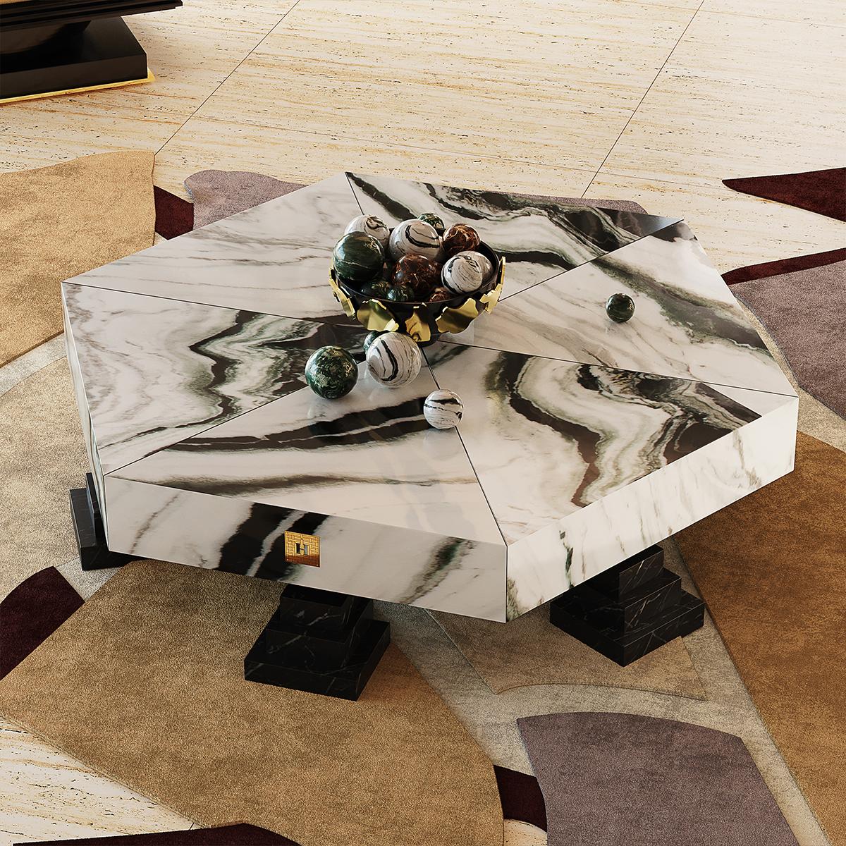 Portuguese Contemporary Geomtric Center Table in Panda White Marble & Nero Marquina Marble For Sale