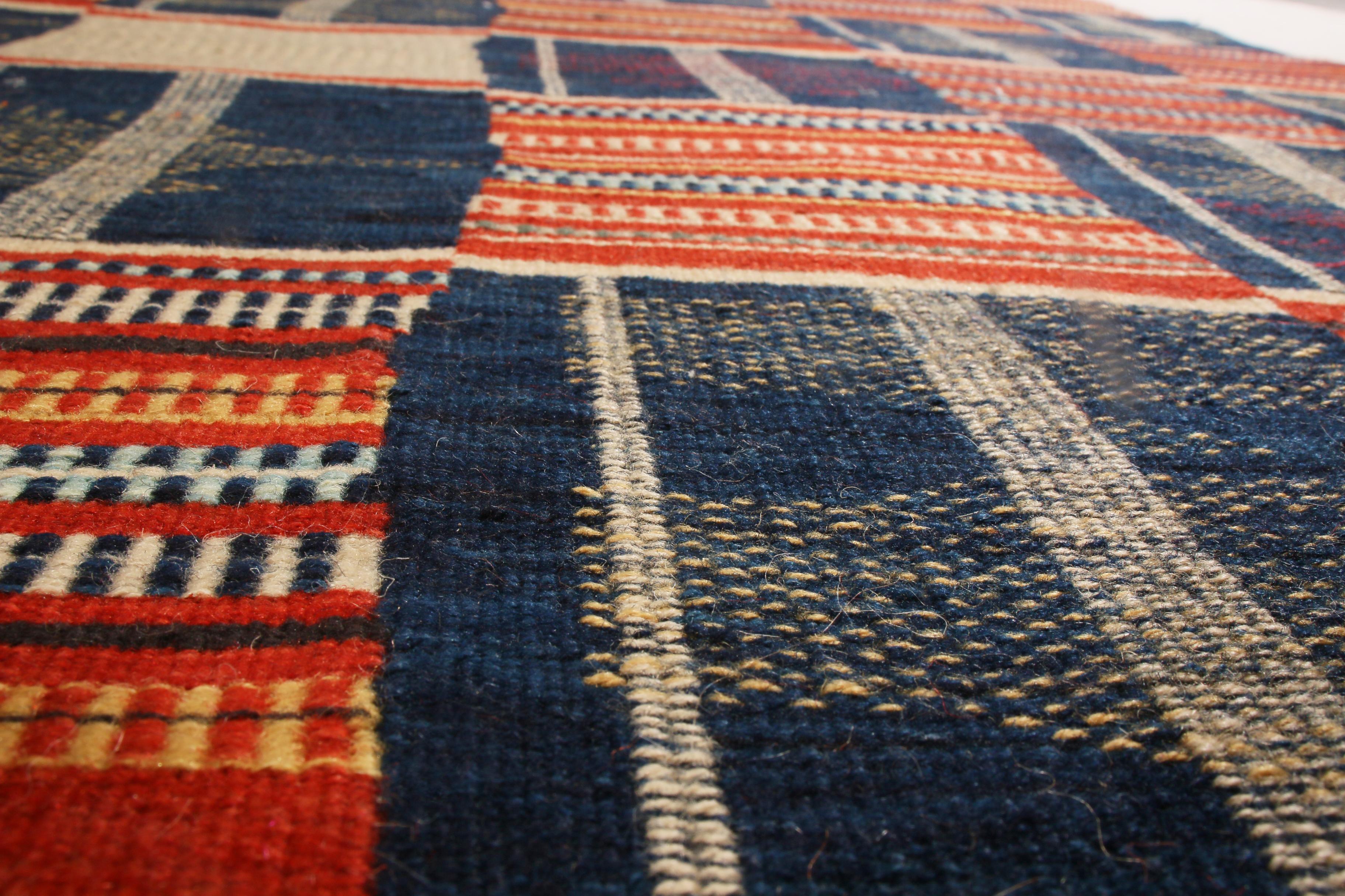 Hand-Knotted Rug & Kilim's Contemporary Ghana Geometric Red and Blue Wool Runner For Sale
