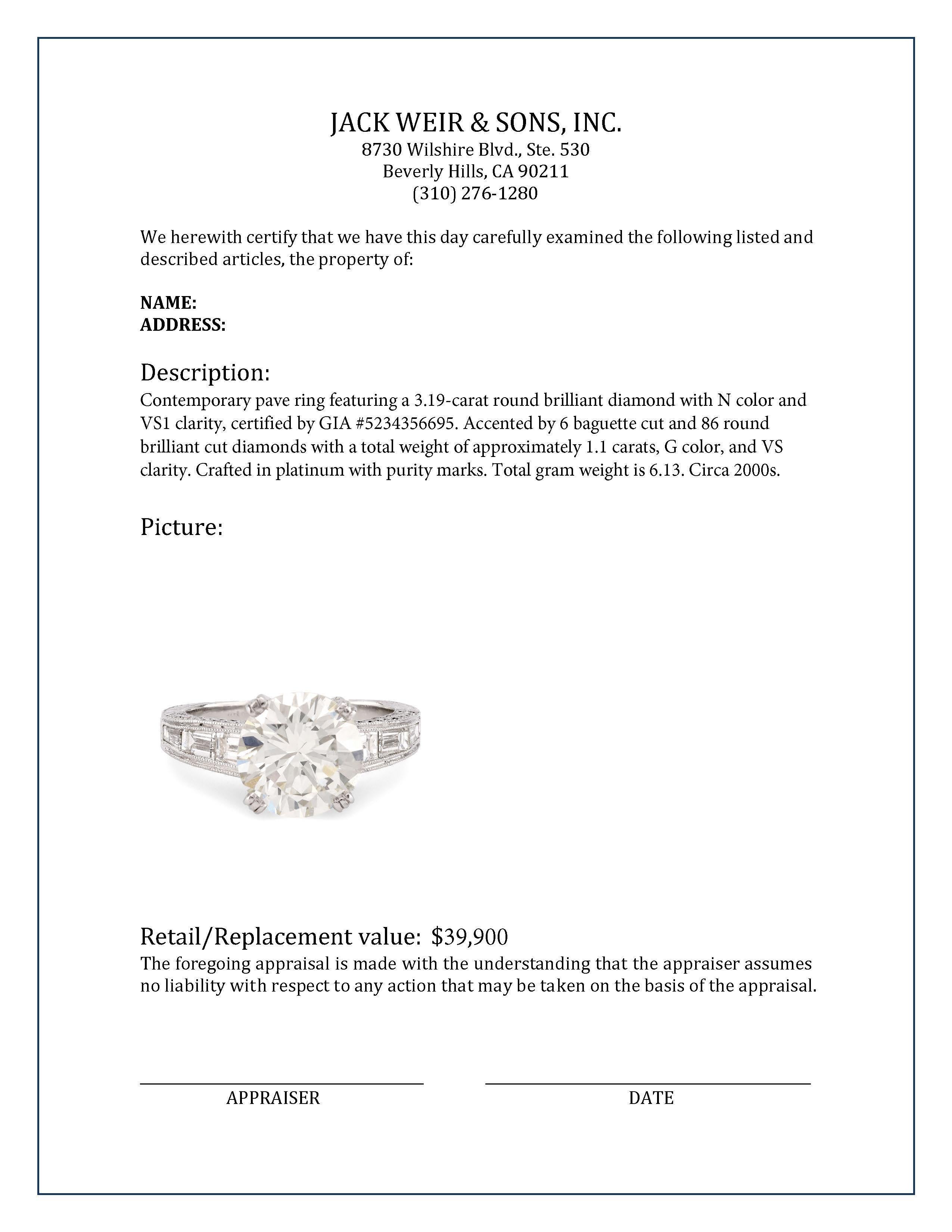 Contemporary GIA 3,19 Karat runder Brillant Diamant Platin Pave Ring im Angebot 1