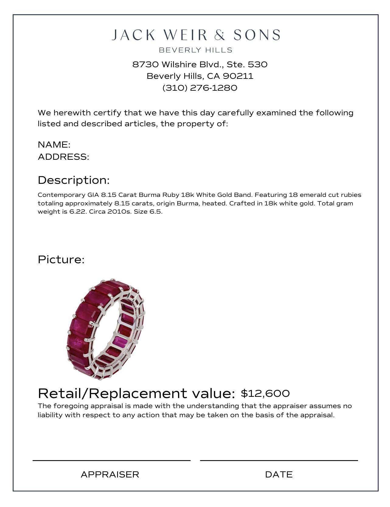Contemporary GIA 8.15 carat Burma ruby 18k white gold band 1