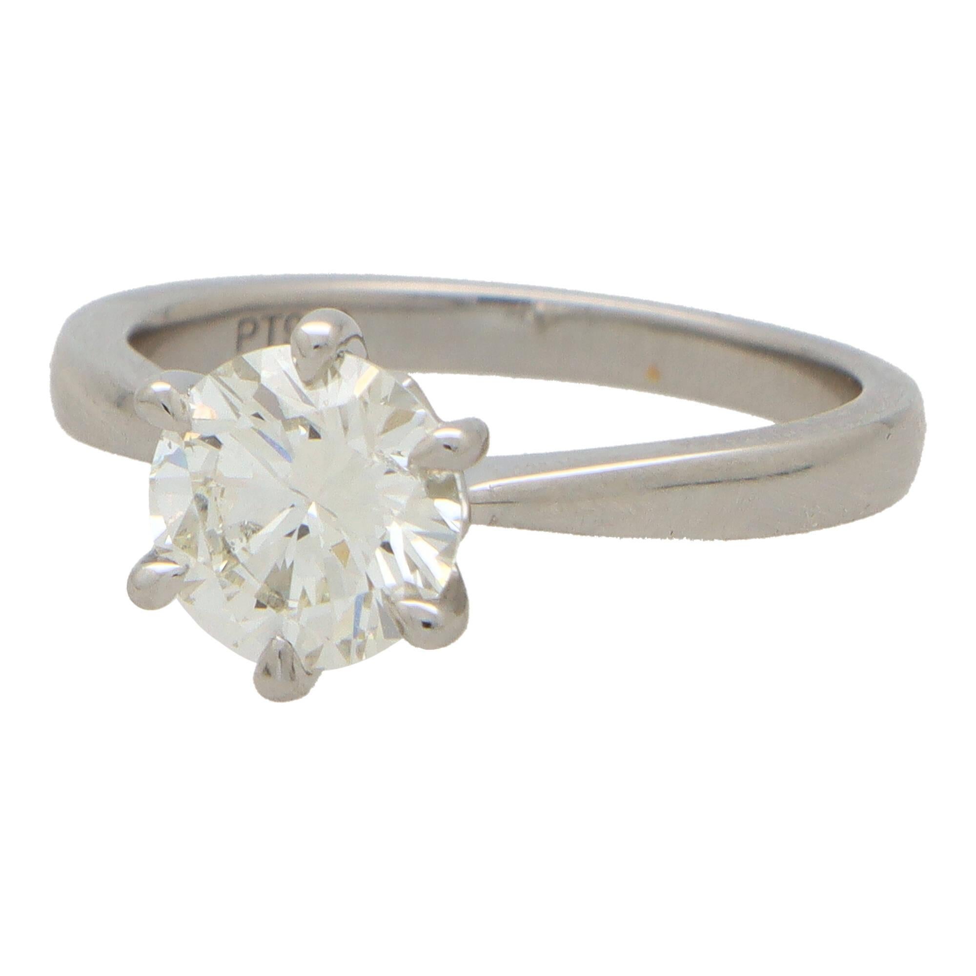 A beautiful GIA certified round brilliant cut diamond single solitaire ring set in platinum.

The ring is solely set with a gorgeous 1.54 carat round brilliant cut diamond. The stone is six claw set in a traditional platinum mount. The beauty of