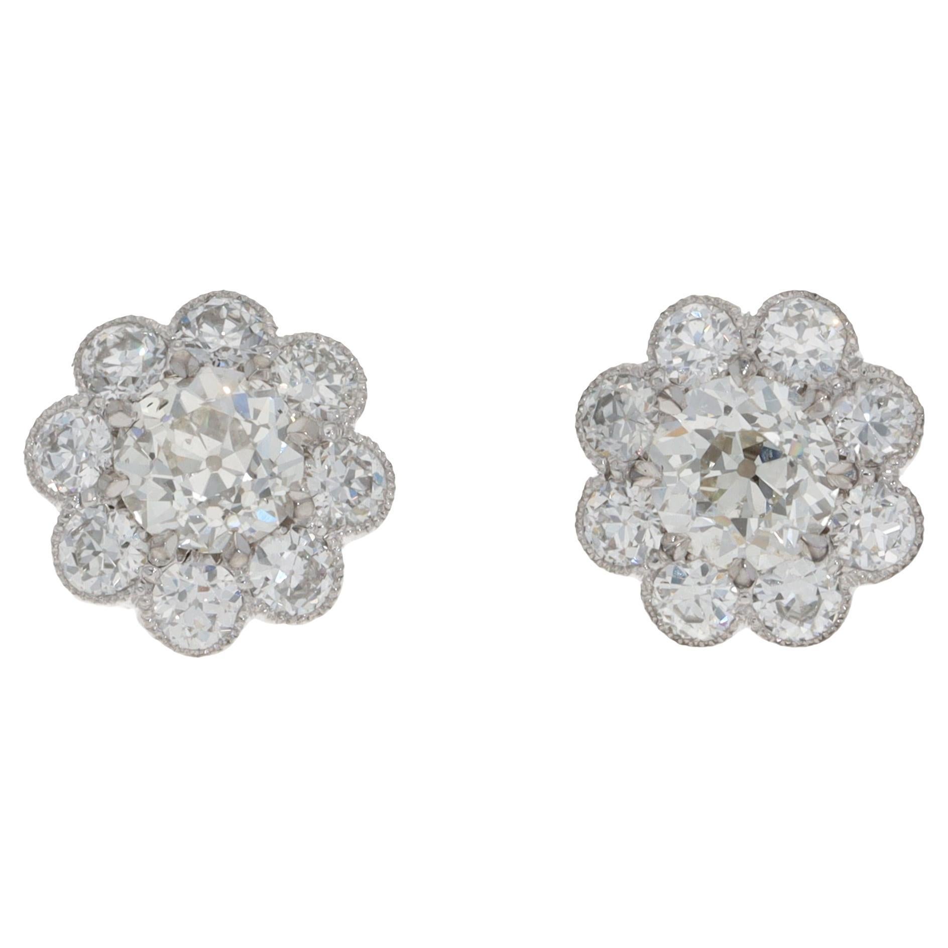 Contemporary GIA Certified Old Cut Diamond Cluster Earrings For Sale