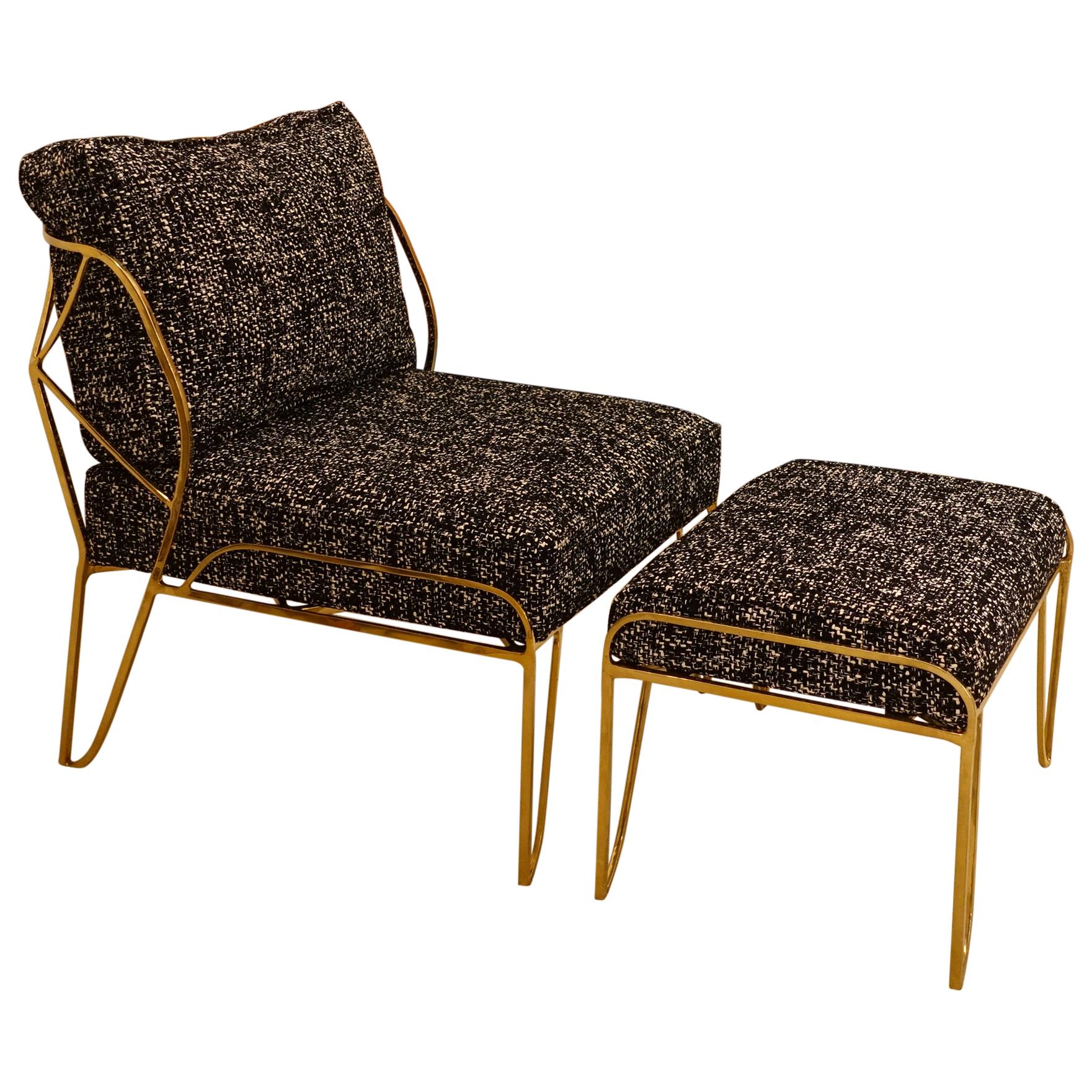 Contemporary Gilded Bronze Lounge Chair and Ottoman, Italy, 2020