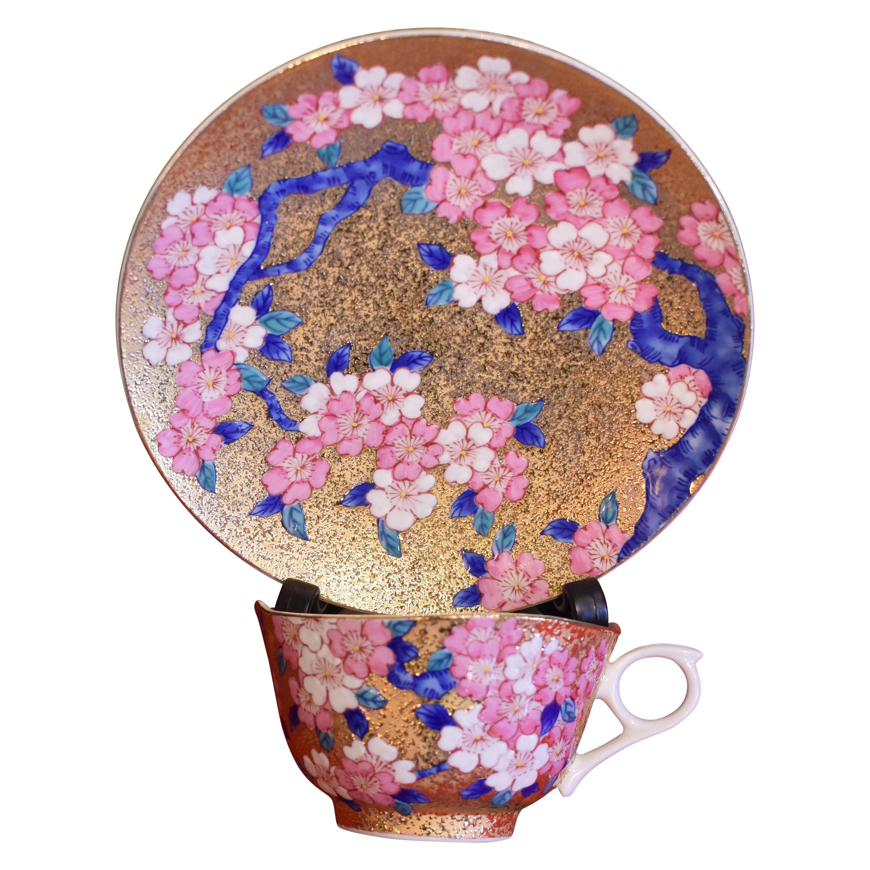 Japanese Contemporary Gilded Blue Pink Porcelain Cup and Saucer by Master Artist