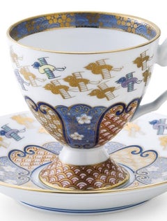 Contemporary Gold Blue Hand PaintedPorcelain Cup and Saucer