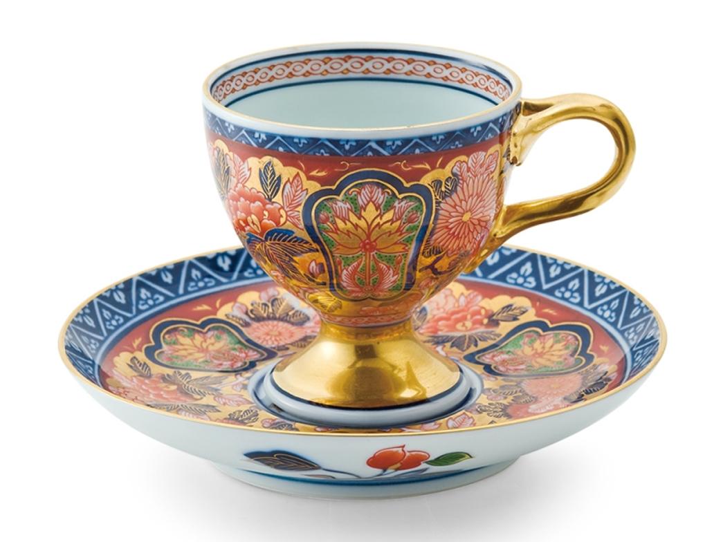 Japanese Contemporary Gold Blue Hand PaintedPorcelain Cup and Saucer