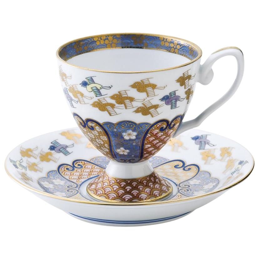 Contemporary Gold Blue Hand PaintedPorcelain Cup and Saucer