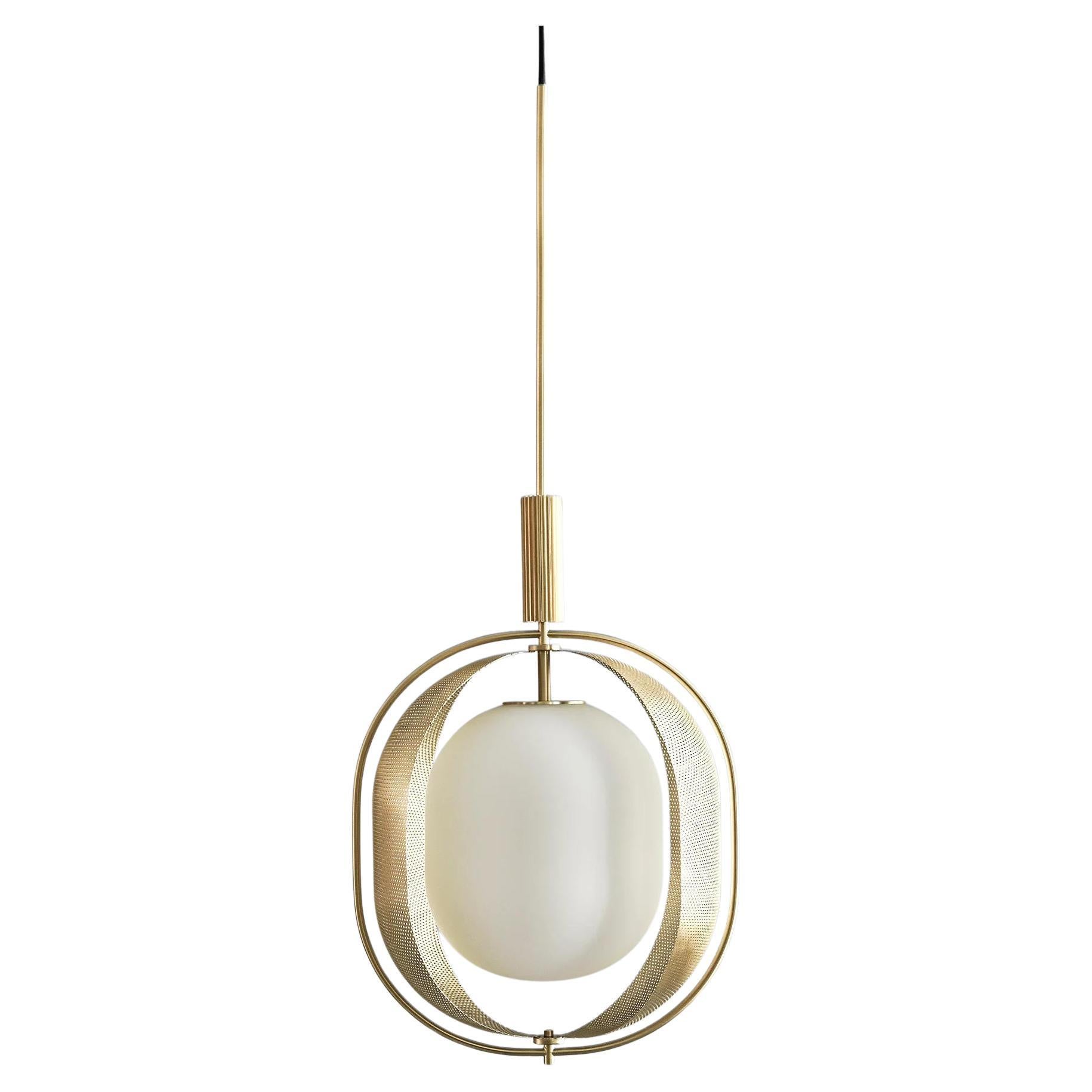 Contemporary Gilded Metal and Opal Glass Pendant Lamp.