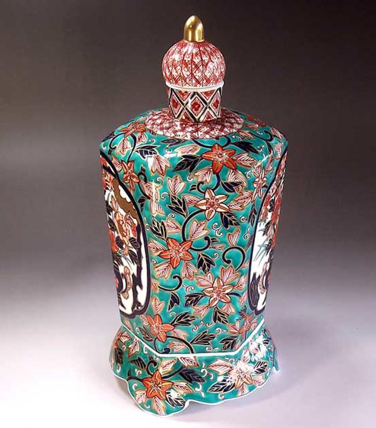 Hand-Painted Contemporary Red Green Porcelain Vase by Japanese Master Artist For Sale