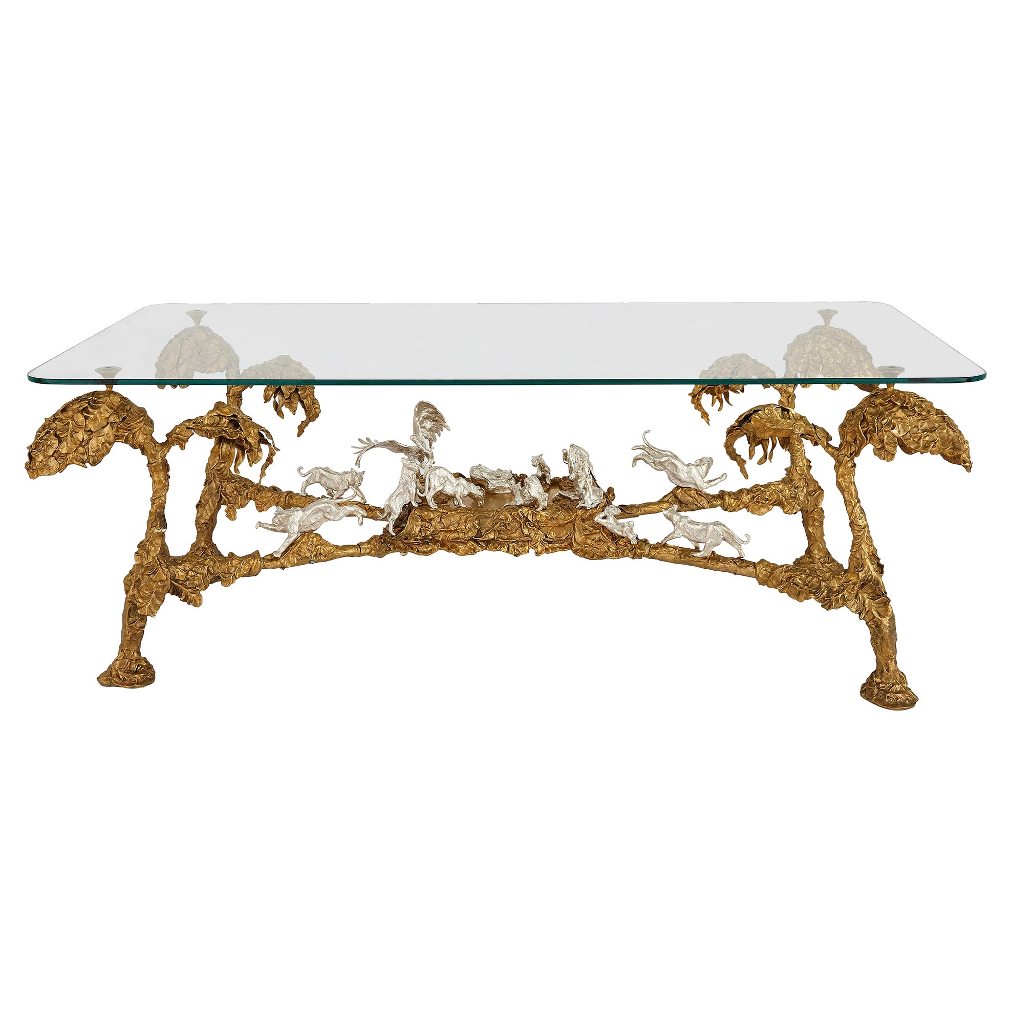 Mesa de centro animalier contemporánea de bronce plateado y dorado