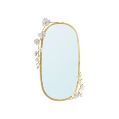 Contemporary Gilt Brass Orchid Vanity Mirror with Enamel Flowers