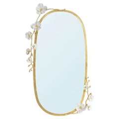 Contemporary Gilt Brass Orchid Vanity Mirror with Enamel Flowers