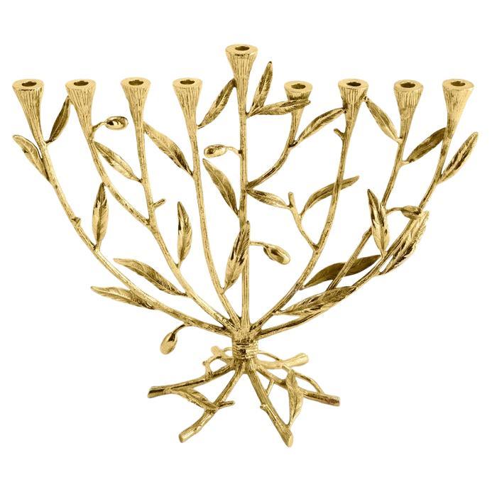 Contemporary Gilt Cast Metal Olive Branch Menorah