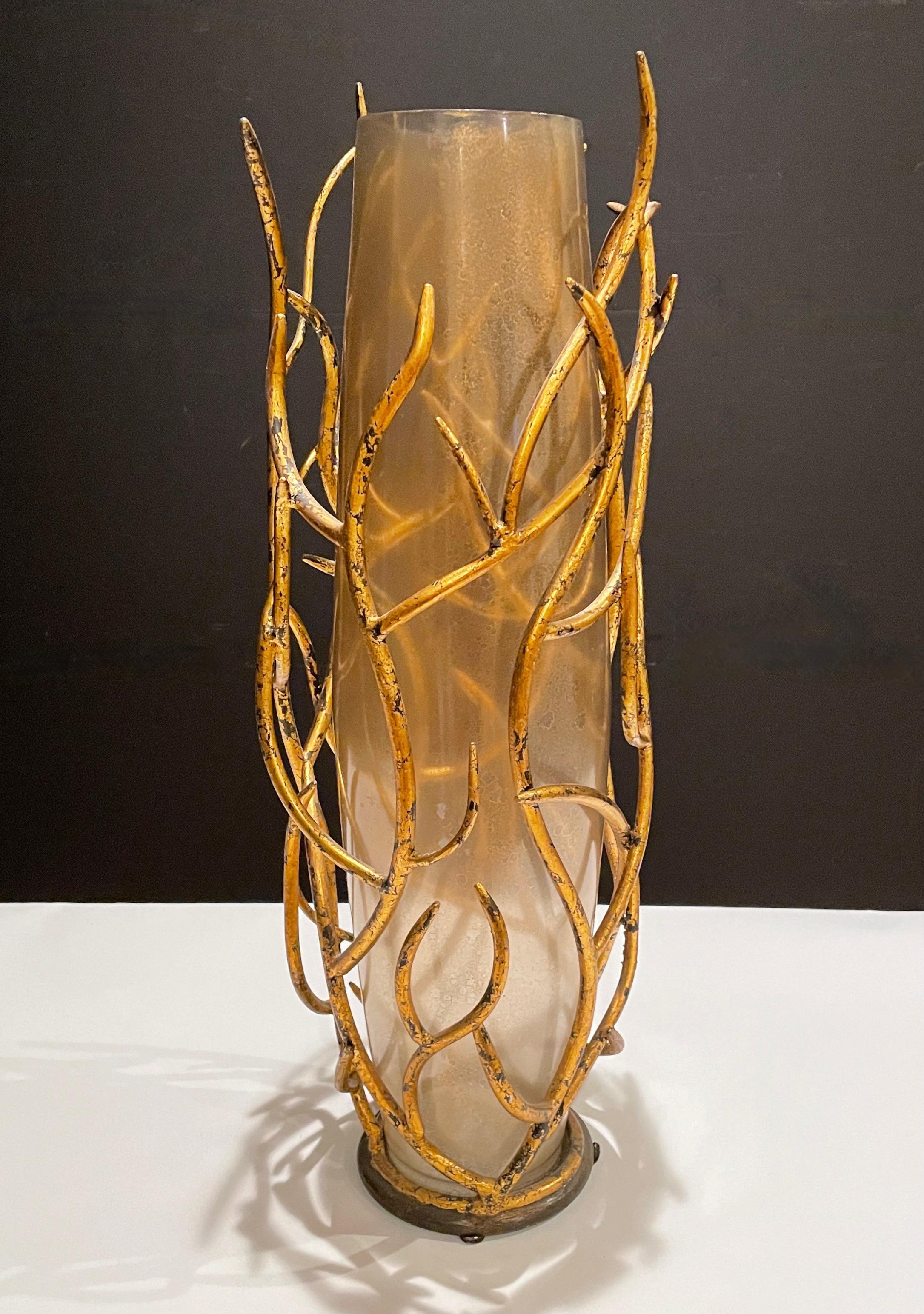 Modern Contemporary Gilt Iron and Art Glass Vase For Sale