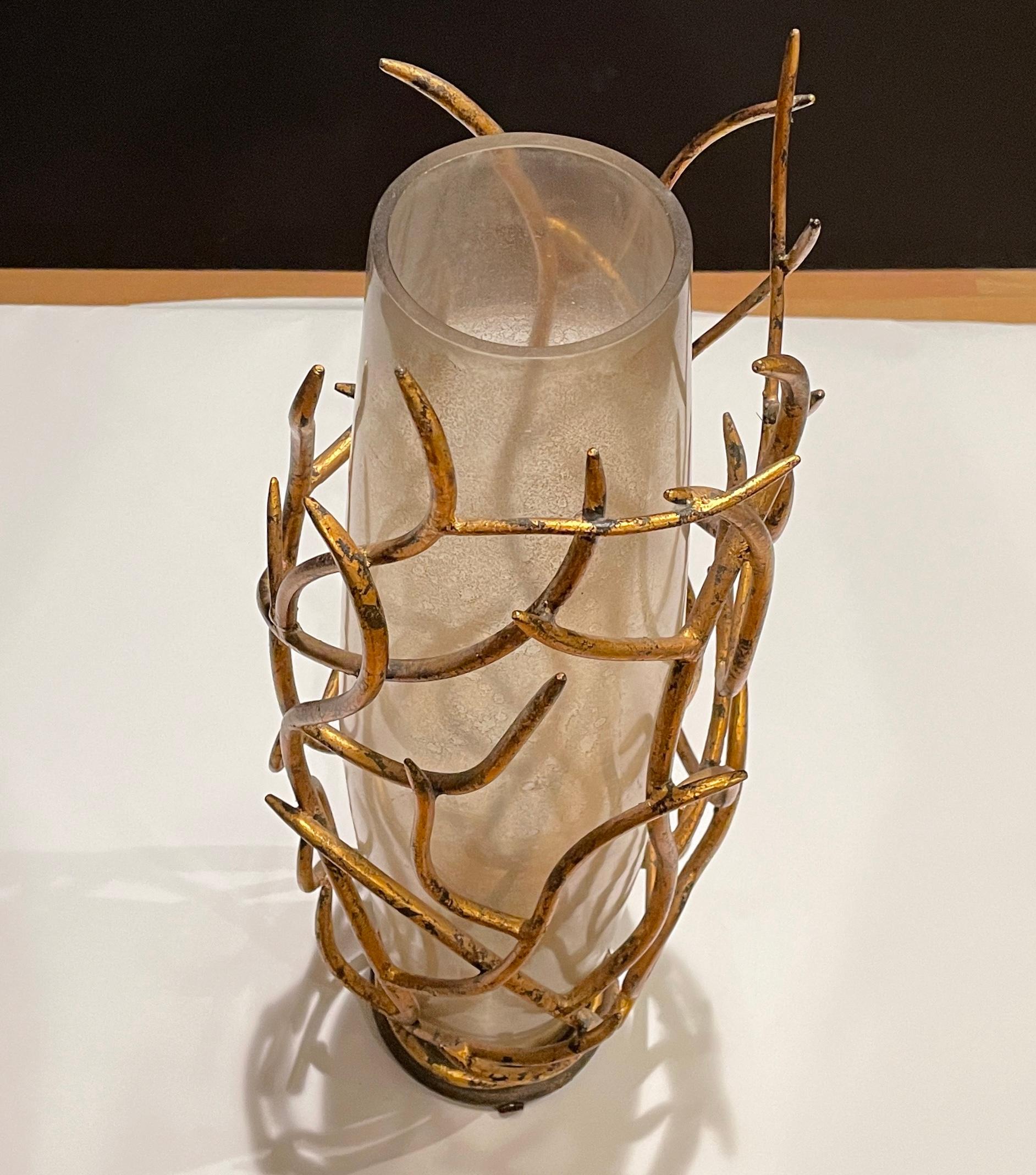 Contemporary Gilt Iron and Art Glass Vase In Good Condition For Sale In Norwood, NJ