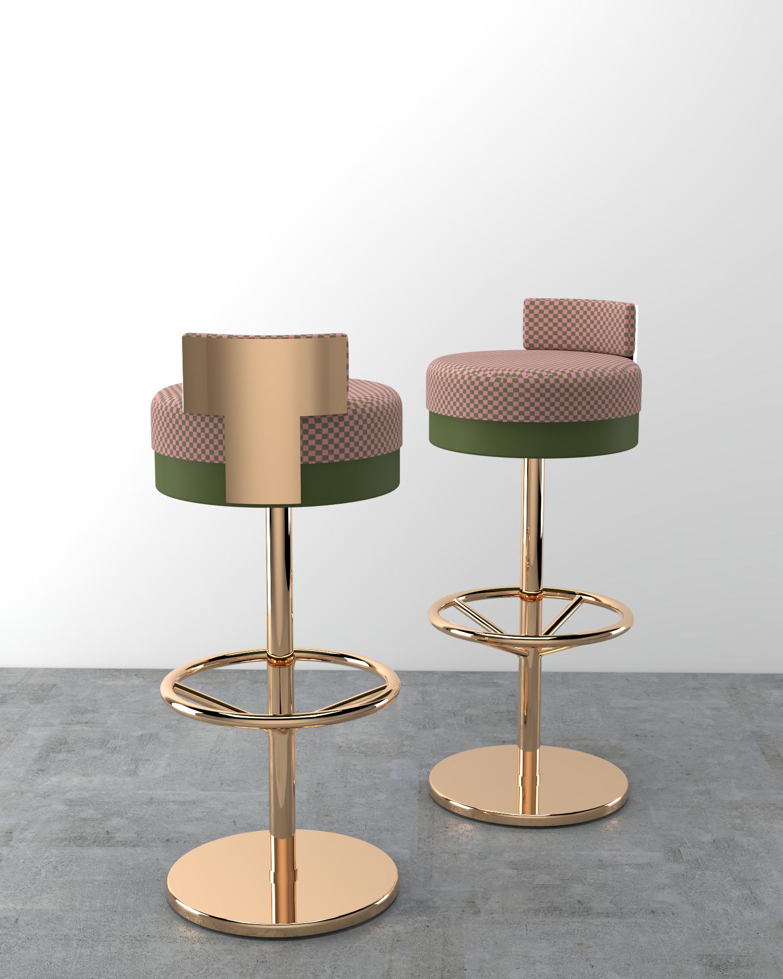 Contemporary Gina Bar Stool in Brass, Green and Gold Velvet For Sale 3