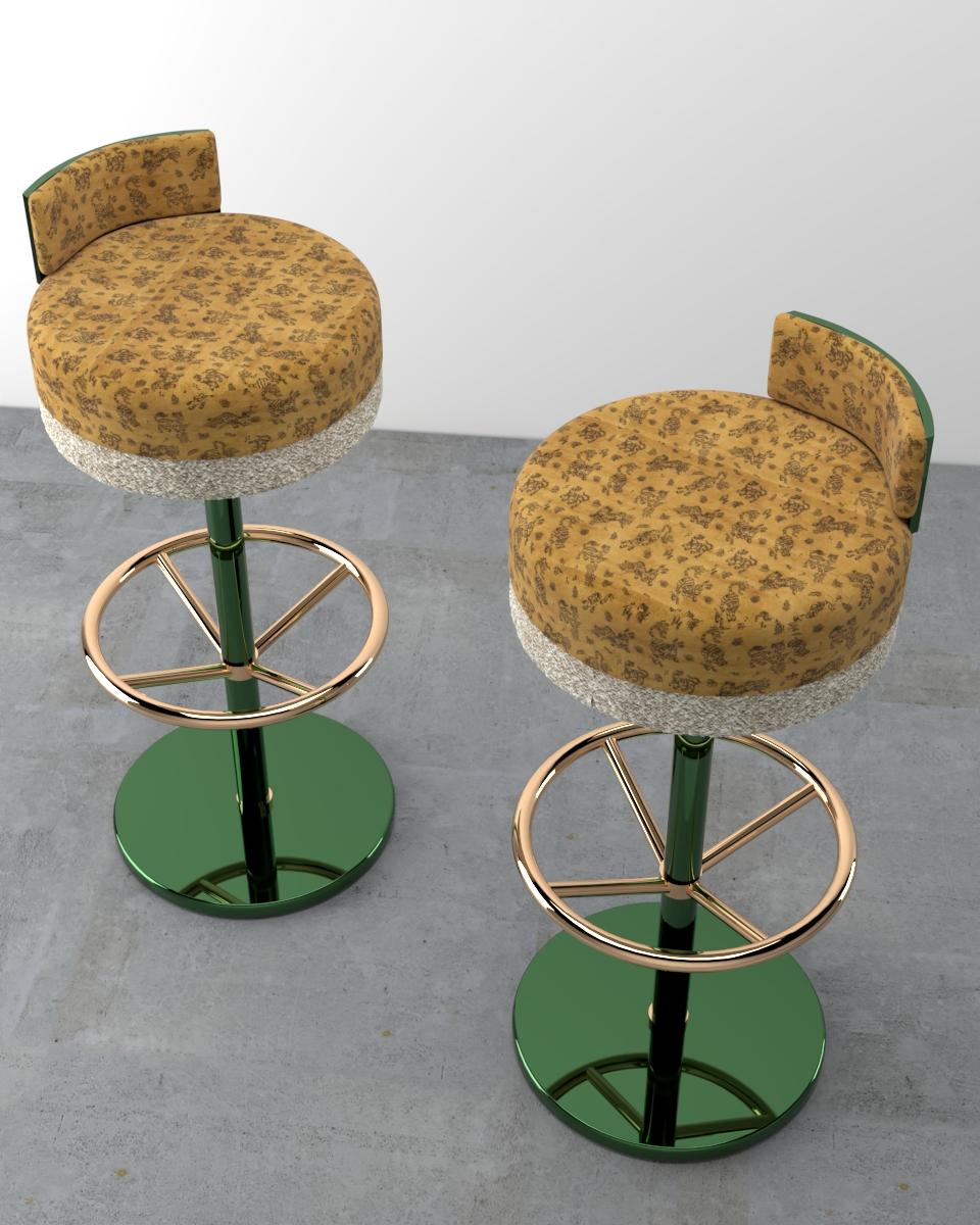 Arts and Crafts Contemporary Gina Bar Stool in Brass, Green and Gold Velvet For Sale
